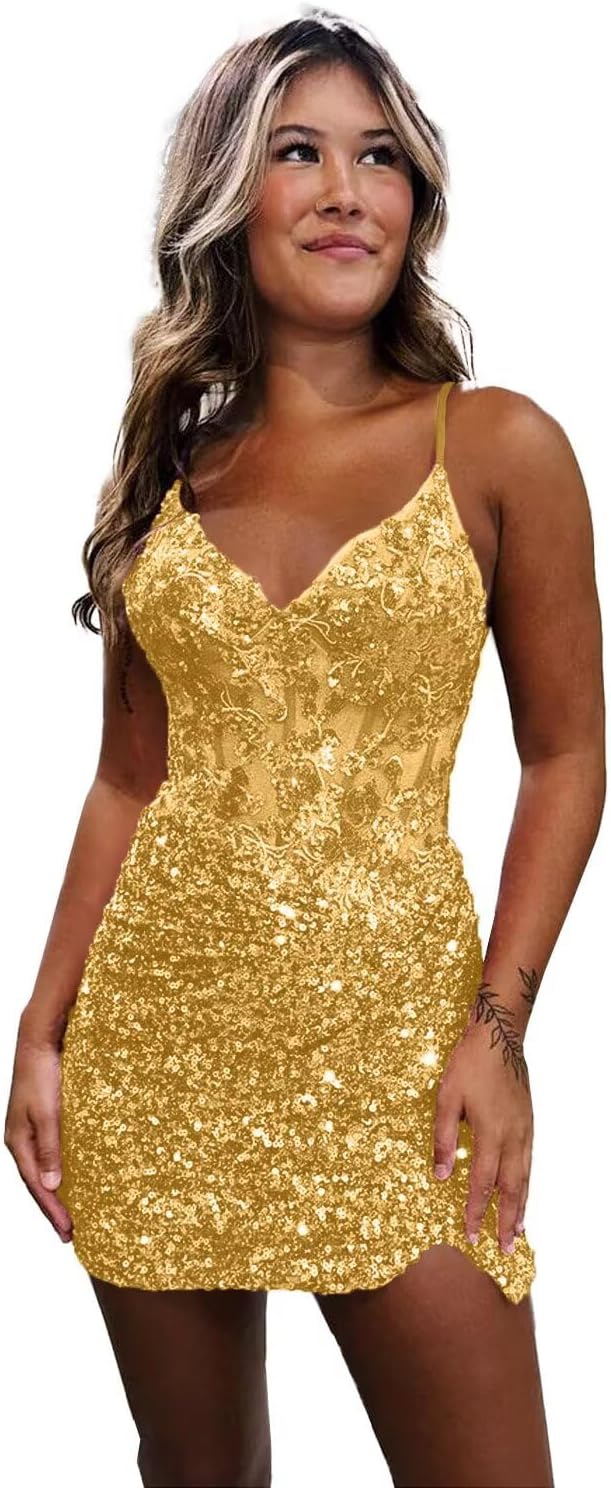 Short Sequin Homecoming Dresses for Teens Sparkly V Neck Corset Prom Glitter Lace Applique Formal Cocktail Gown