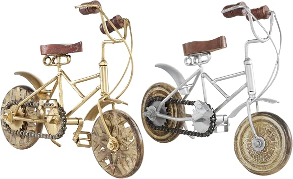 Deco 79 Metal Bike Decorative Sculpture Home Decor Statues with Wood Wheels, set of 2 Accent Figurines 4" x 10" x 8", Multi Colored