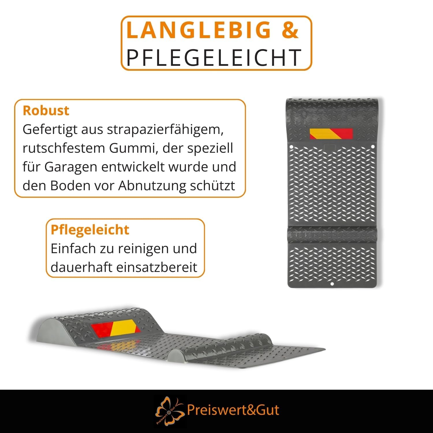 Preiswert&Gut 2X Einparkhilfe Garage Radstopper für sicheres Einparken 52 x 25 cm, Kunststoff Bremsschwelle mit Klebestreifen und zusätzlich Bohren, seitliche Einfahrhilfe, 2,5 bis 5,5 cm Höhe