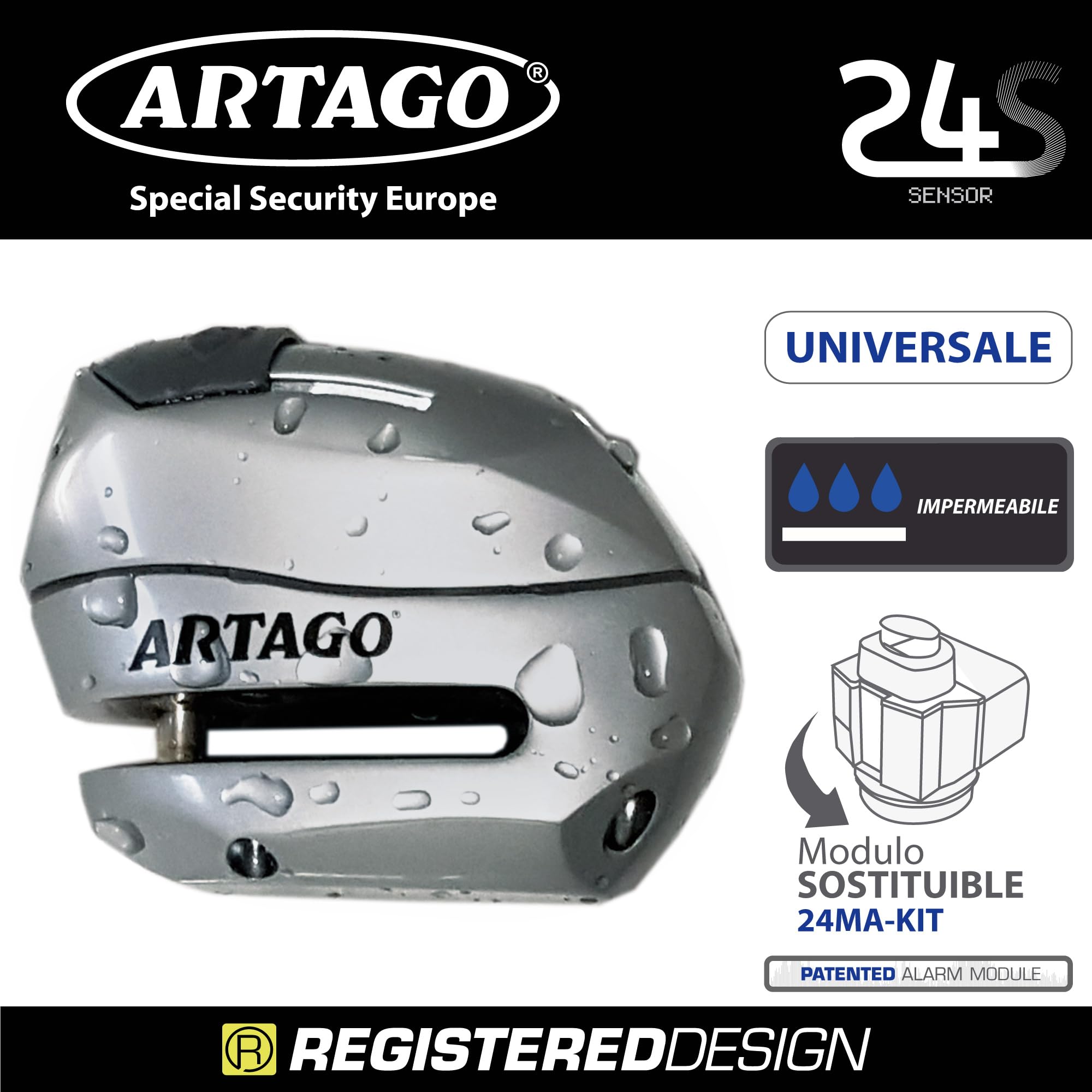 Artago 24S.6M Antifurto Moto Blocca Disco, Allarme 120 Db Avviso Smart, ø 6 mm, Metallico, Universale Moto Scooter Bici