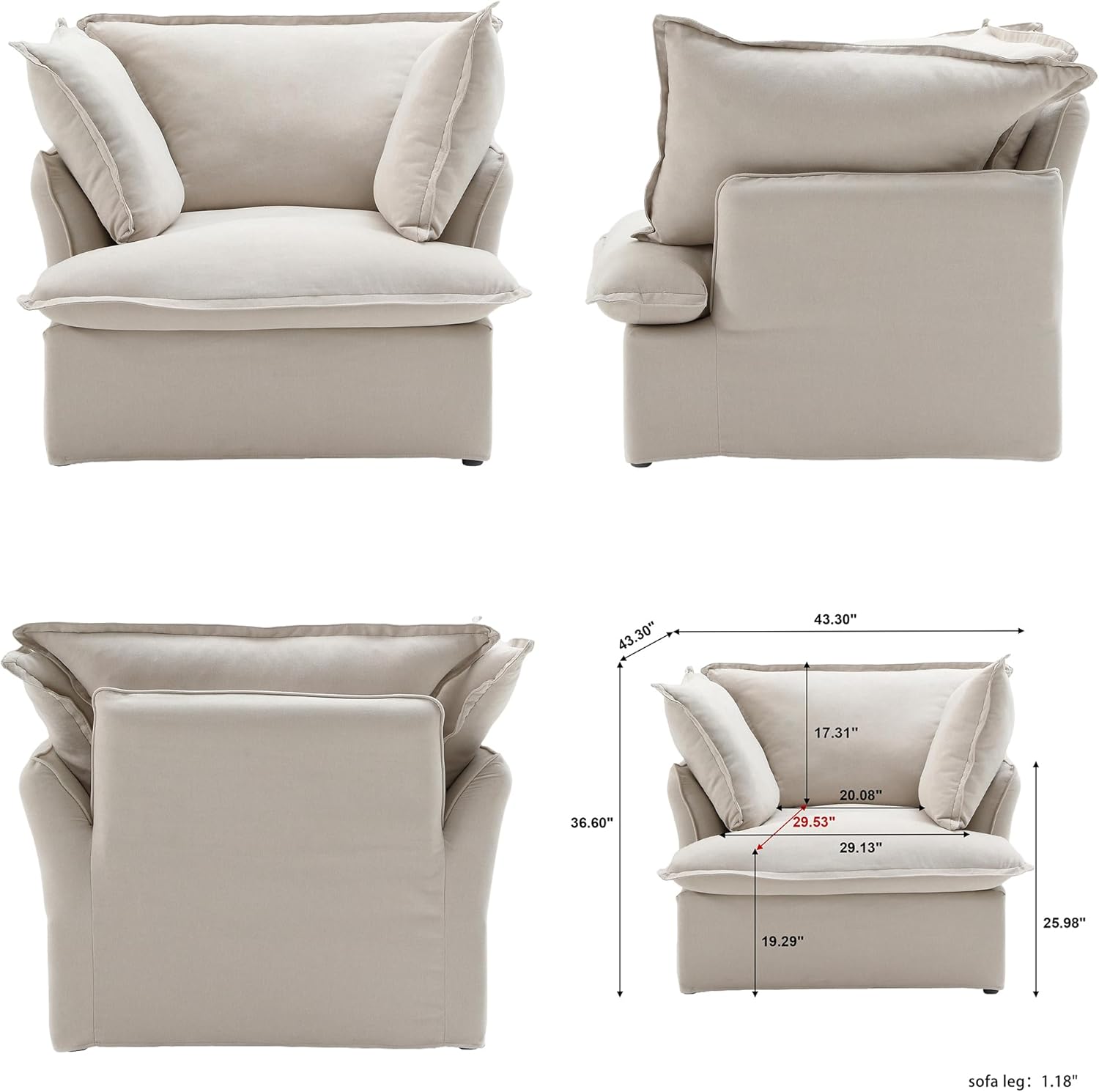 Modular Sectional Sofa with Thick Cushion, 2-Seat Modern Comfy Cloud Couch,Minimalist LoveSeat Deep Seat Couches for Living Room and Apartment(Beige,2Seater)