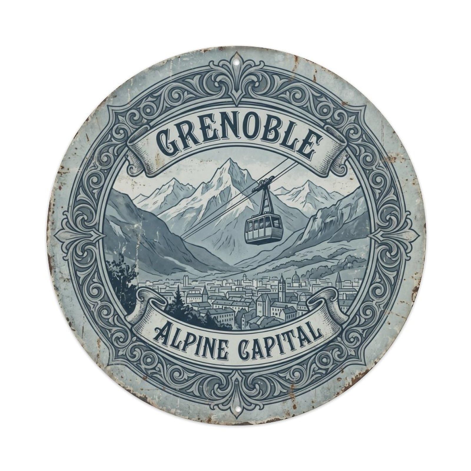 Fqcyn Style Vintage Travel Grenoble France Mountains Metal Tin Sign Plaque Wall Decor For Cafe, Club Bar, Office, Home Garden Round Metal Poster 8X8inch