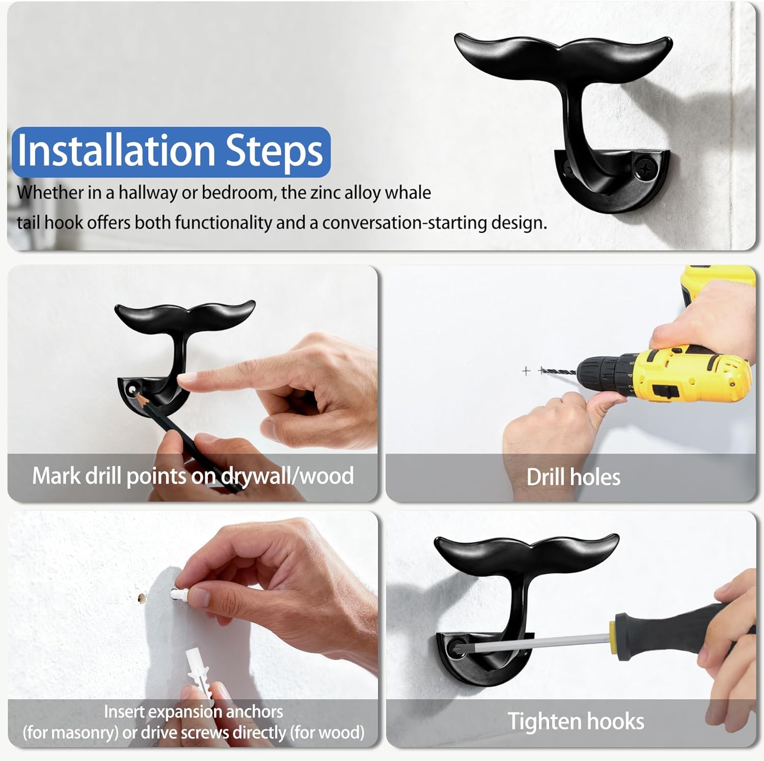 Black Whale Tail Wall Hooks (Set of 5), Heavy Duty, Wall Mounted, Decorative Wall Hooks Used for Hanging Coats, Towel, Robe, Wardrobe/Bathrooms, Ocean Nautical Home Decoration - Image 5