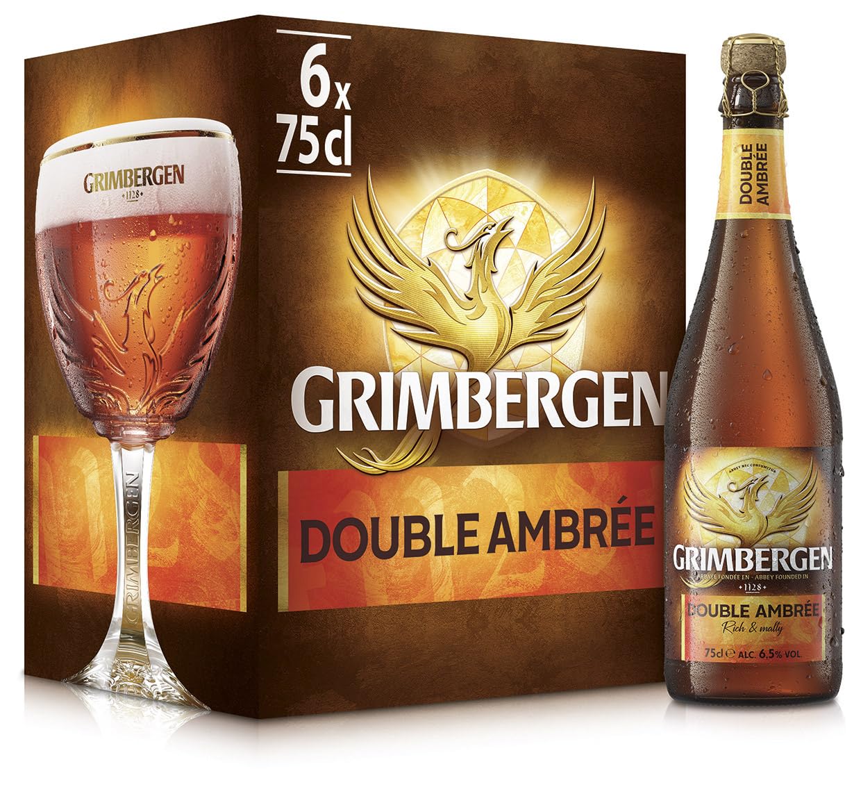 Grimbergen Double Ambrée, Cassa con 6 Bottiglie da 75cl, Birra d'Abbazia Dubbel, Gusto Corposo e Tostato, Gradazione Alcolica 6.5% Vol.
