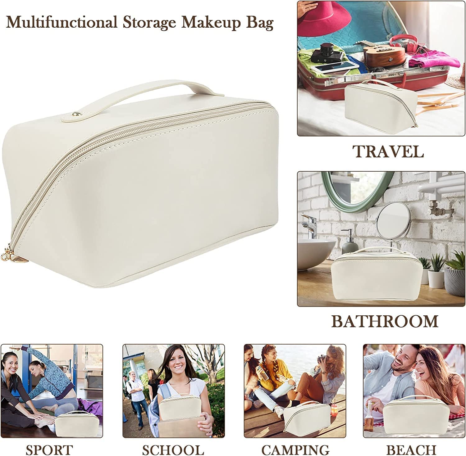 TAMQUSAK Travel Makeup Bag,Large Capacity Cosmetic Bags for Women,PU Leather Waterproof Portable Pouch Open Flat Toiletry Bag Make up Organizer with Divider and Handle(White Makeup Bag) 2