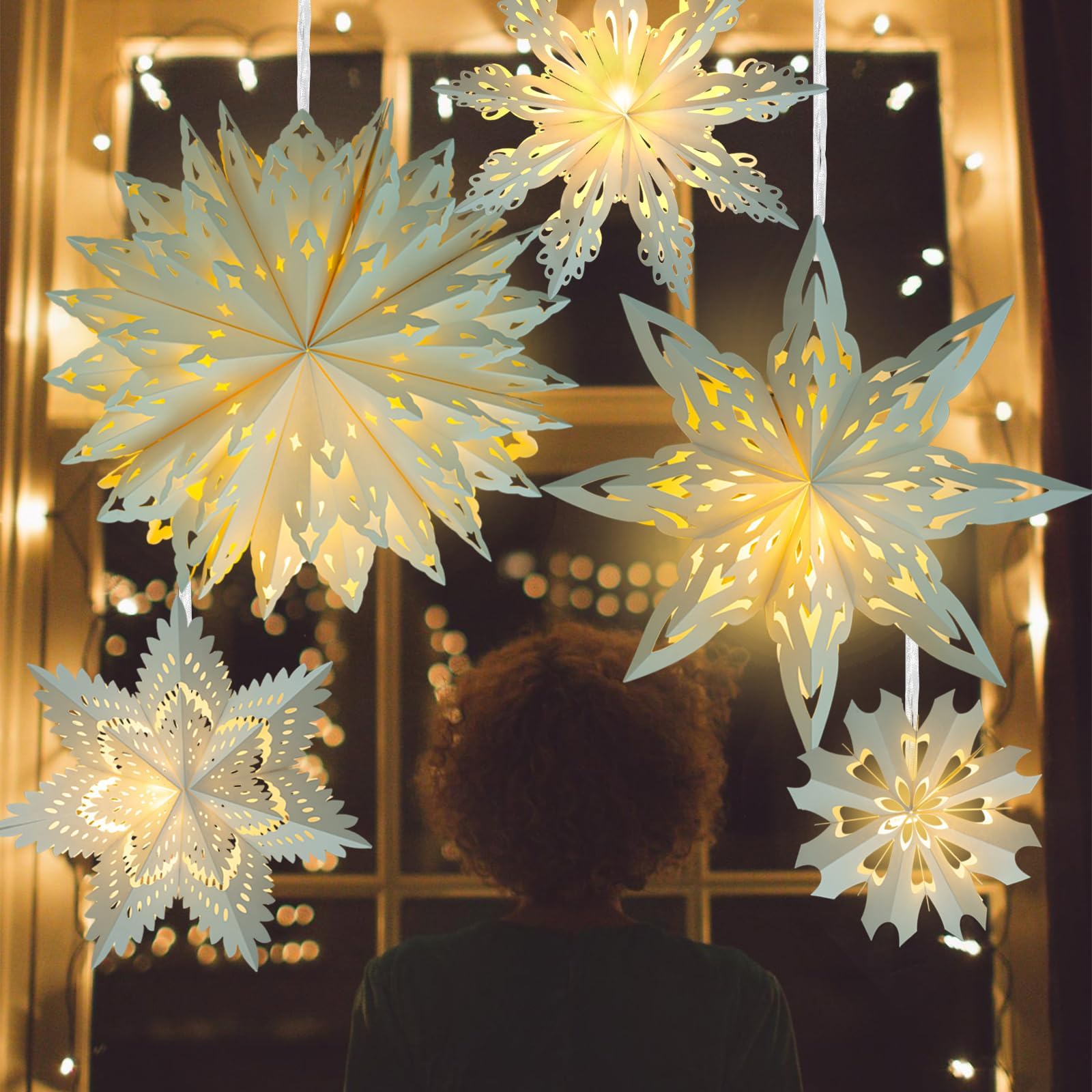 5 Stück Weihnachten Papier Schneeflocke Laternen Weihnachten Papier Stern Laterne mit LED Licht Weiß Hängelampe Ornamente für Weihnachtsbaum Neujahr Winter Frozen Hochzeiten Geburtstag Urlaub Party