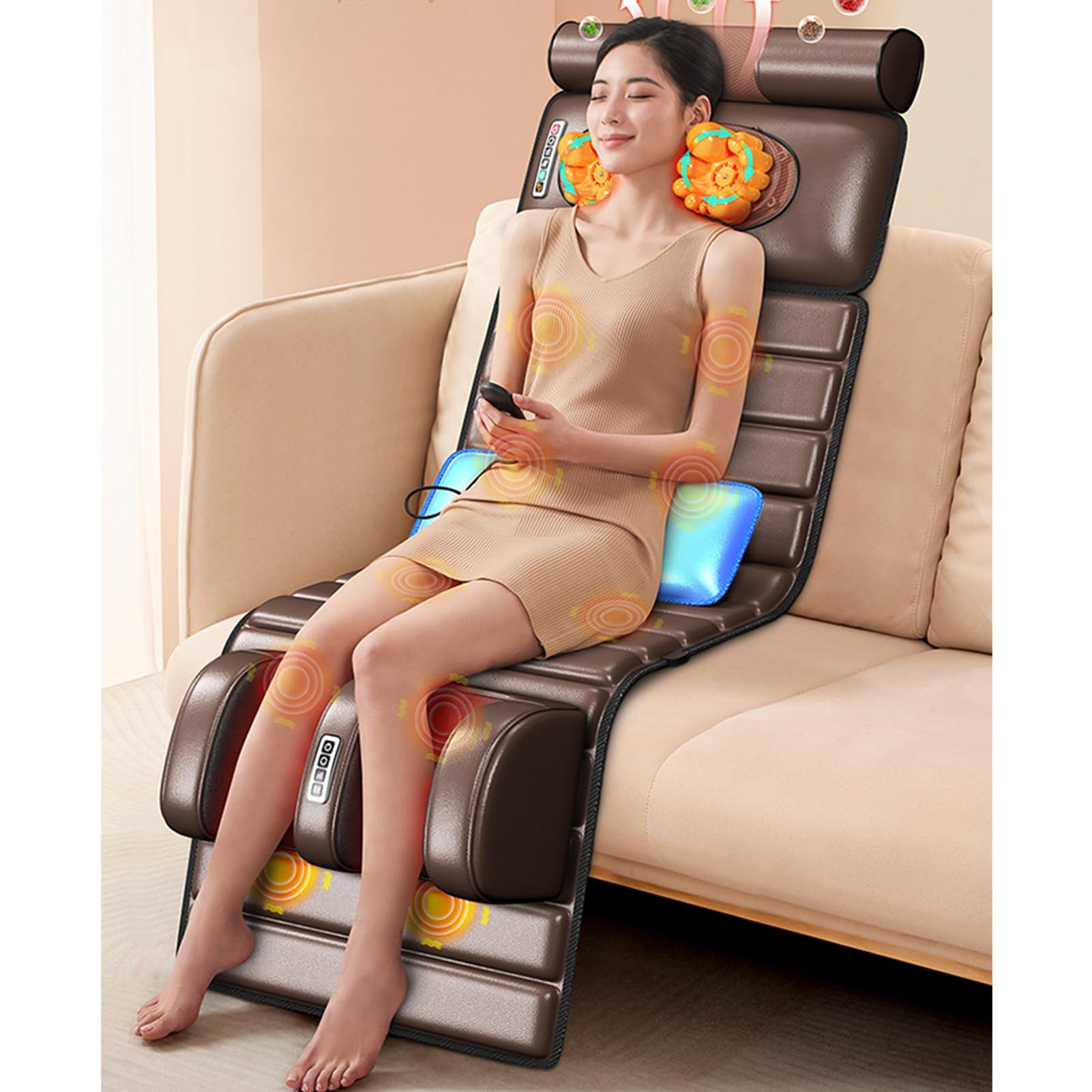 Shiatsu - Alfombrilla de masaje de amasamiento con calor, almohadilla eléctrica para silla térmica para relajación de cuerpo completo, 20 cabezales de masaje de cuello, 9 modos, fuerza ajustable