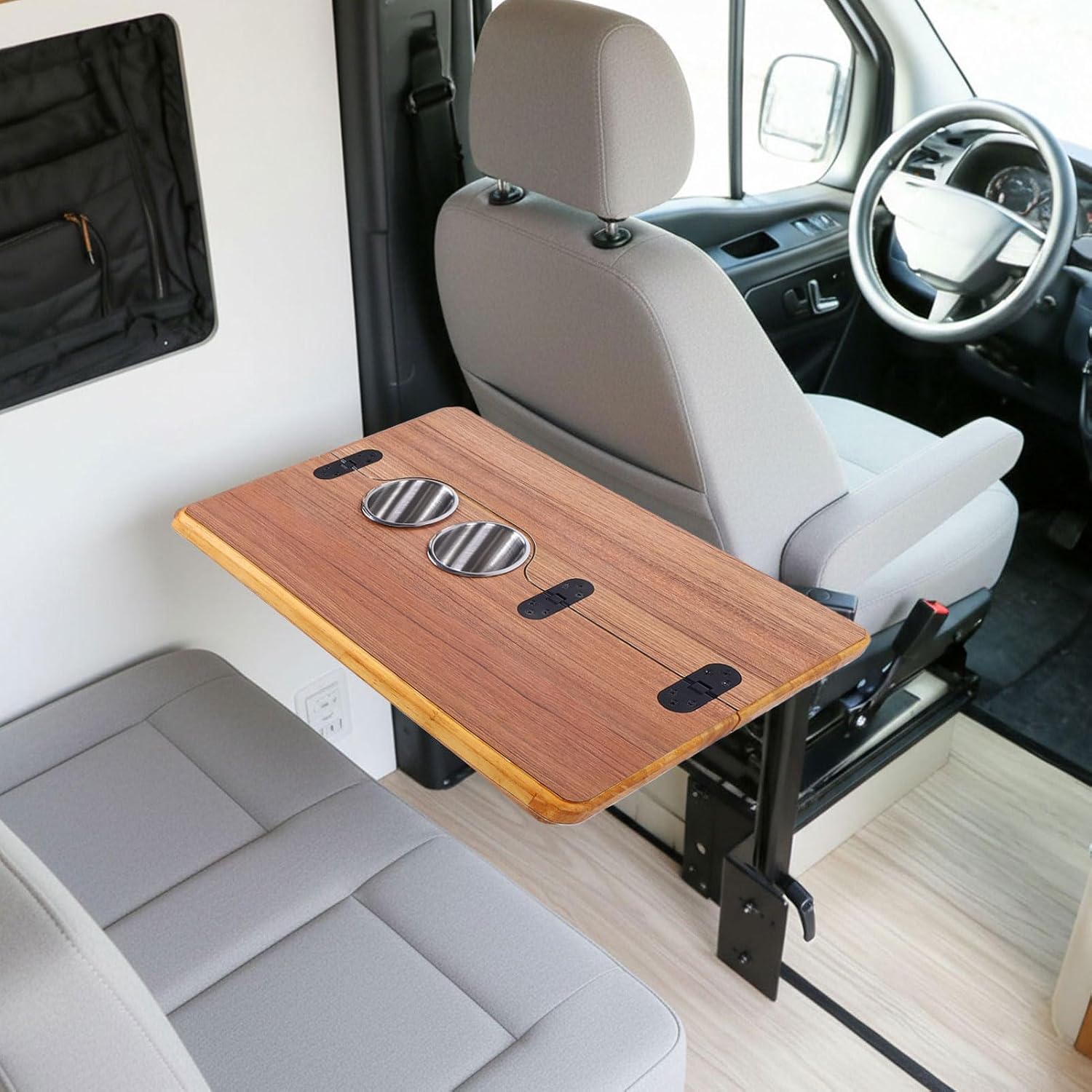 Akozon RV Boat Table Top Foldable Rectangle Slick Coated Finish 550 x 350mm with Stainless Steel Cup Holders for Yacht Deck Commercial Vehicle Solid Wood
