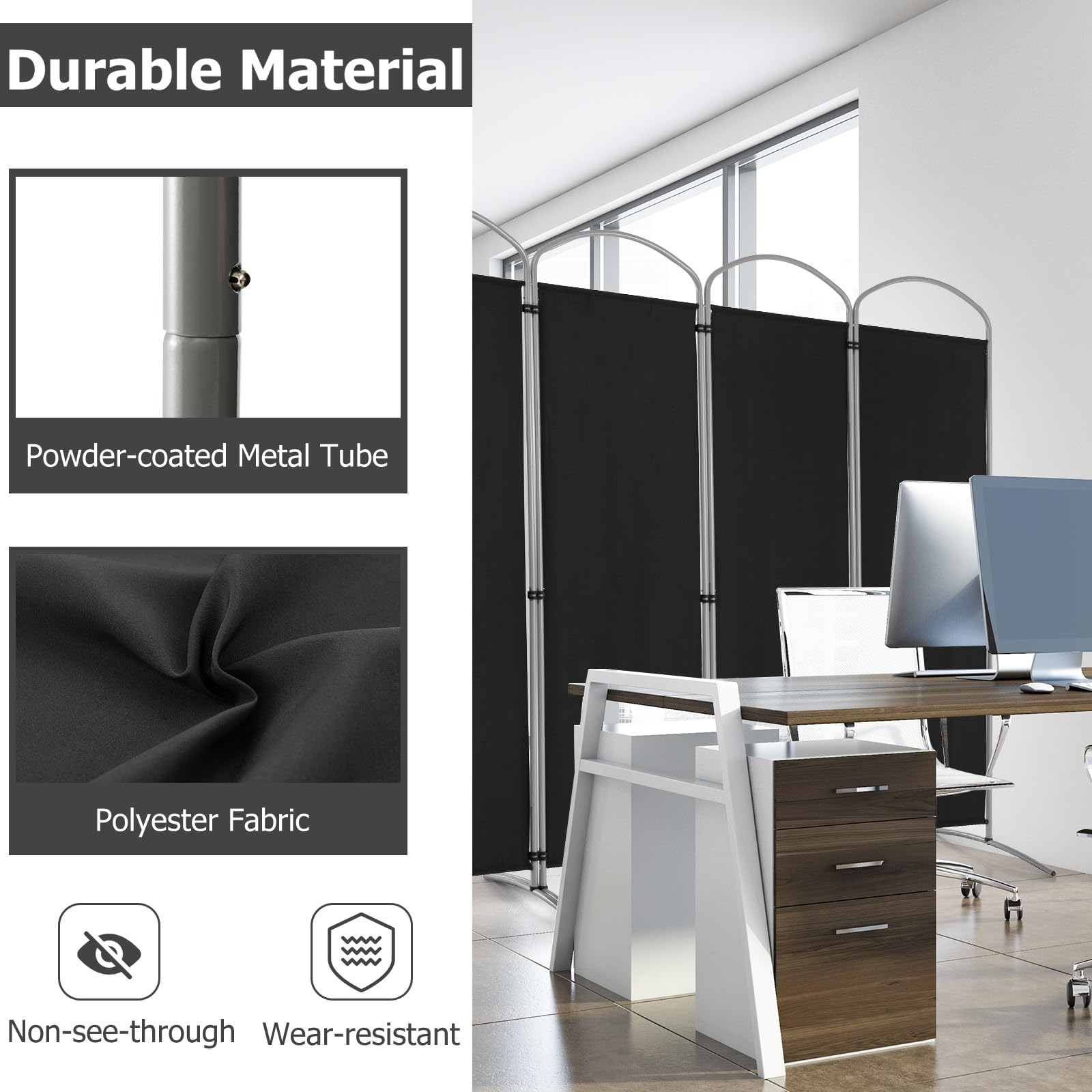 LIFEZEAL Biombo Divisor Plegable, Separador de 4 Paneles 188cm, Pantalla móvil, Pared divisoria, Marco metálico, Base Estable, Protege la intimidad para Interior y Exterior, Negro