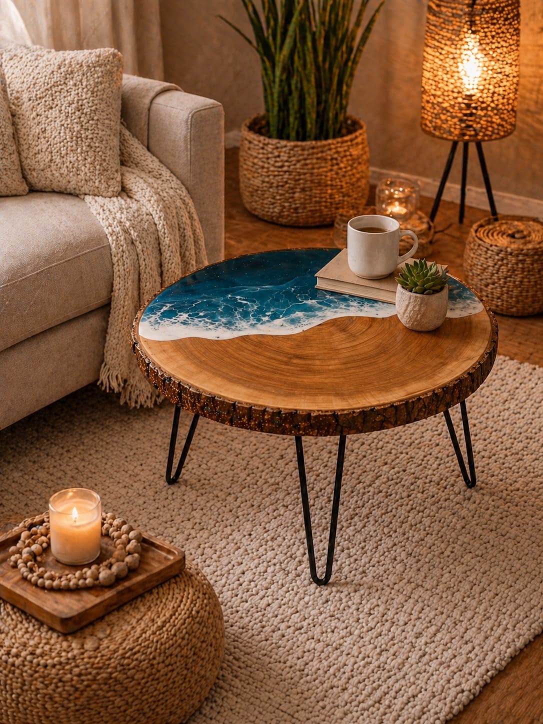 Blue Ocean Resin Night Stand Bedside Table Solid Wood Bark Edge Side Table with Hairpin Legs Coffee Table for Living Room & Bedroom (17''-18'' Top x 18'' Height)-image-17
