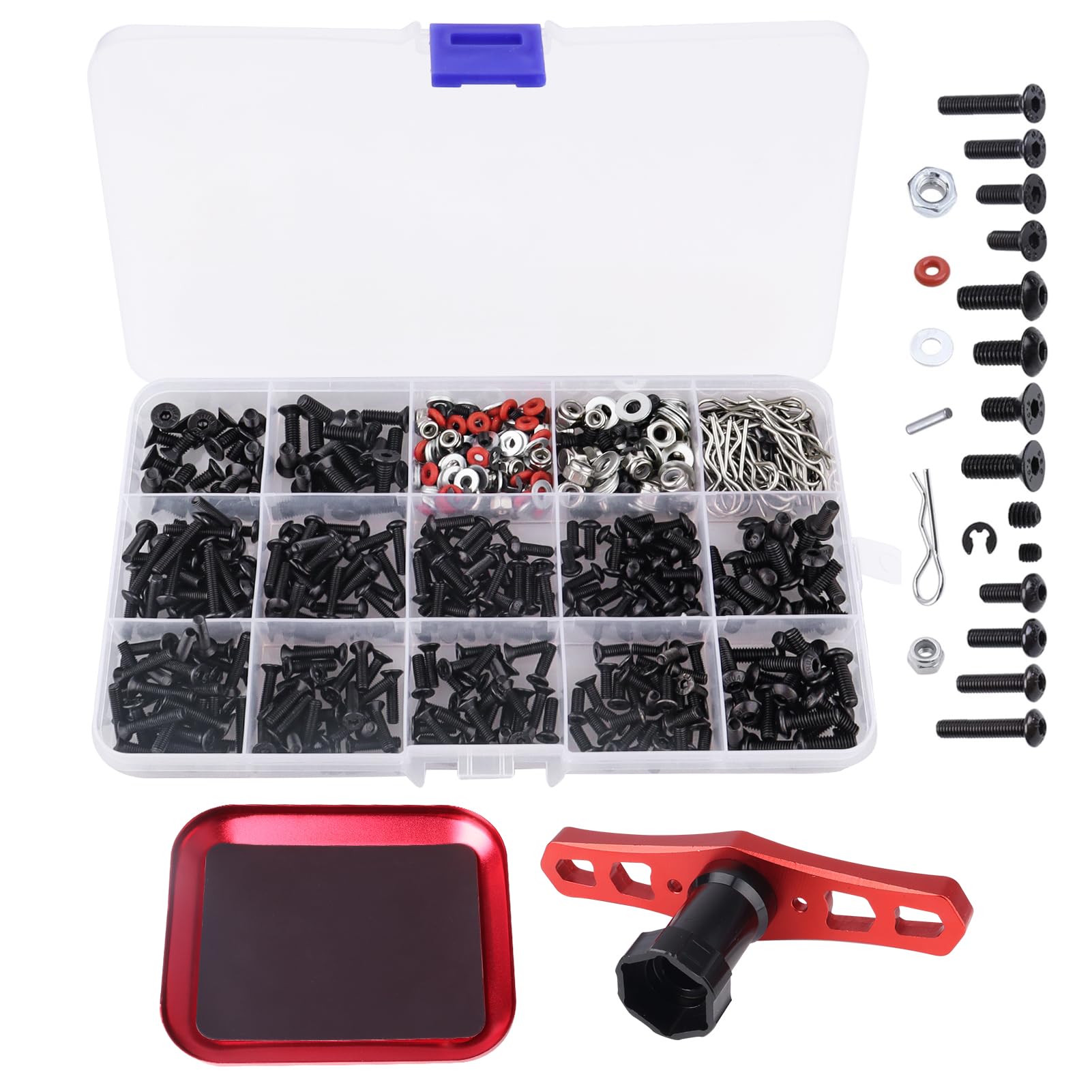 RC-Schrauben-Set, RC-Reparaturwerkzeug-Set, M3, M4, Sechskantschrauben, Mutterschalen, Karosserie-Clips, Hardware-Befestigung mit Schraubenablage und 17 mm Sechskantschlüssel, Werkzeuge für 1/8, 1/10