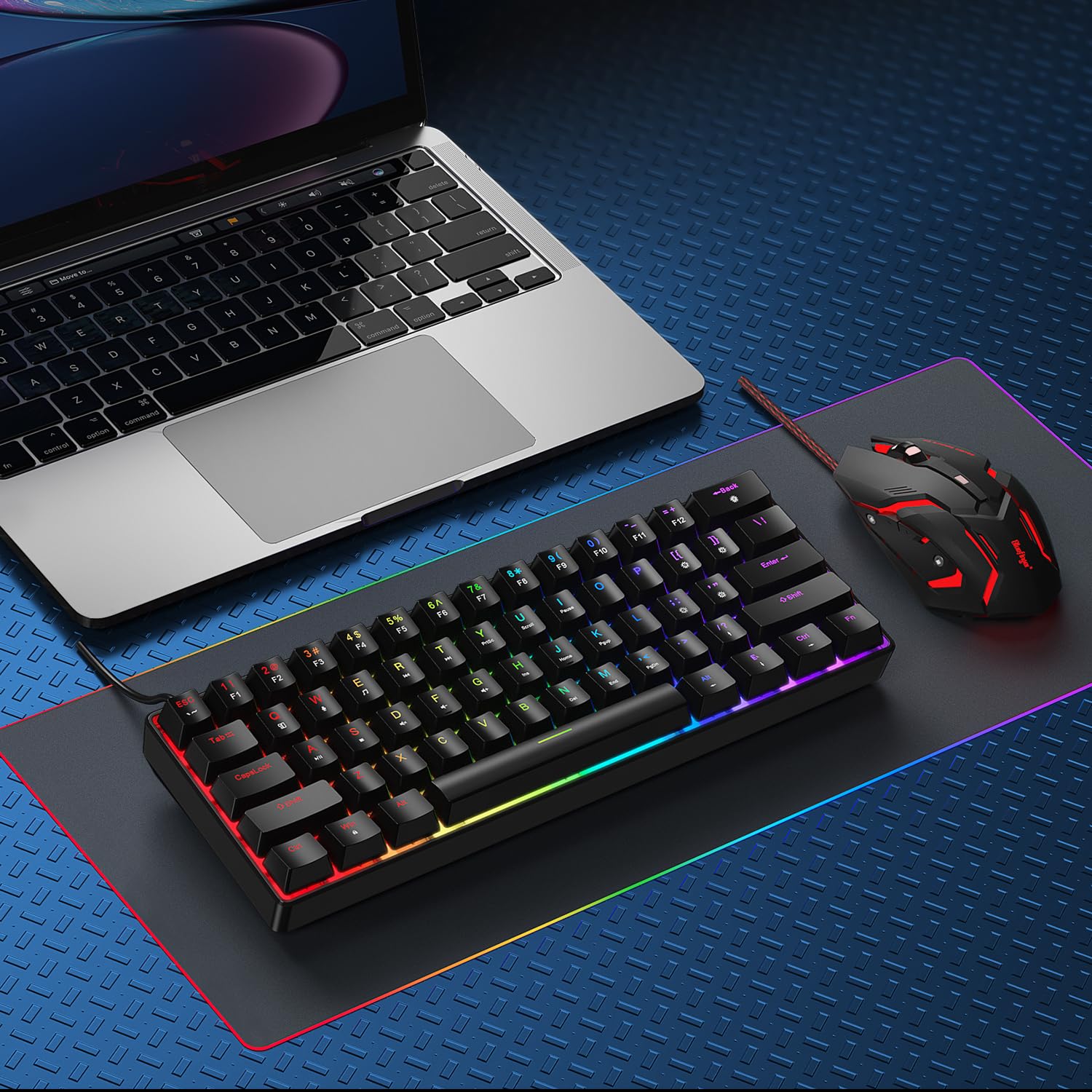 BlueFinger Tastiera da gioco meccanica al 60% e mouse combinato, tastiera RGB arcobaleno retroilluminata a 61 tasti con interruttore rosso e mouse da gioco LED a 4 DPI, set con cavo USB per PC, laptop