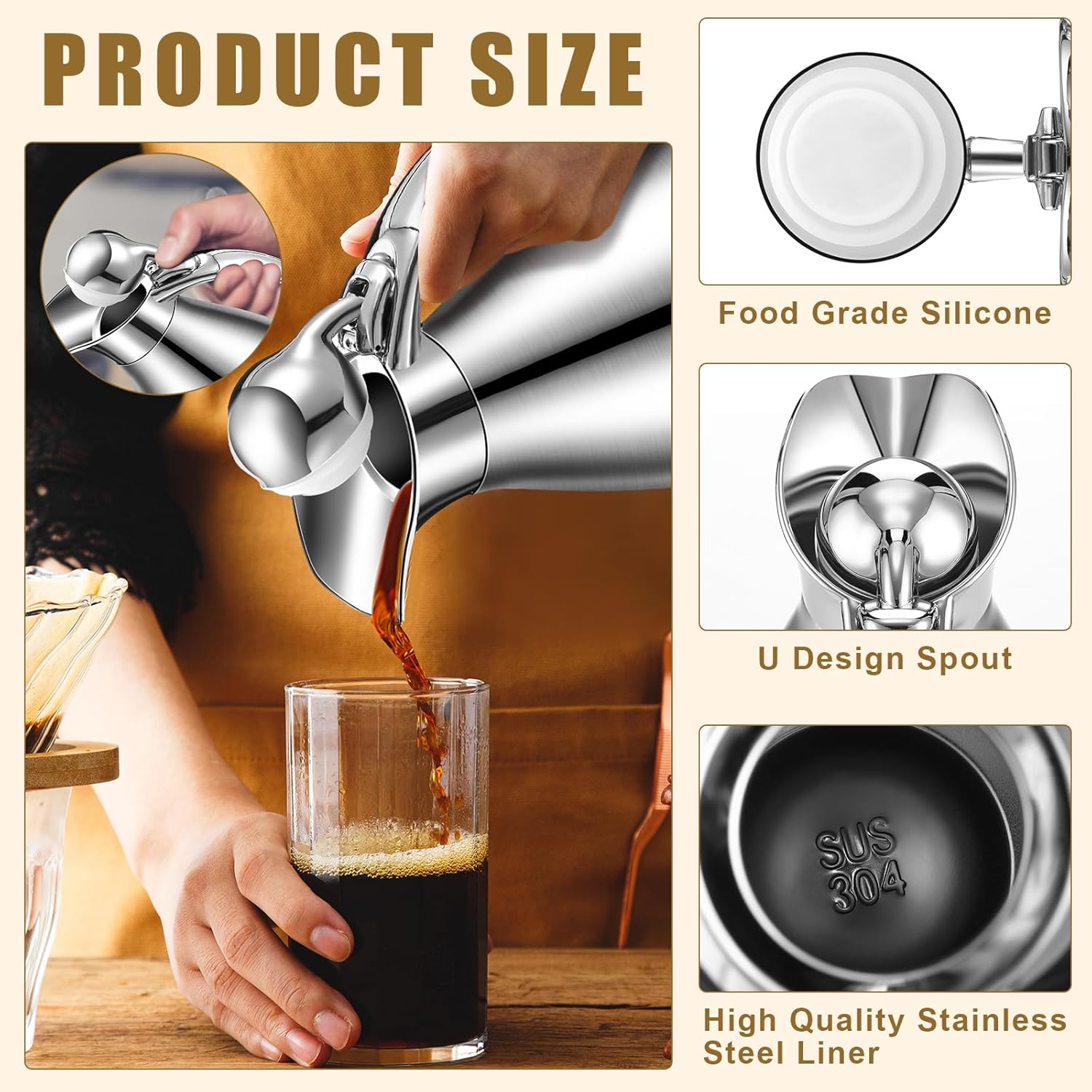 Uiifan 2 Pcs 68 oz Thermal Coffee Carafe Insulated Stainless Steel Coffee Carafe for Hot Liquids Vacuum Thermal Pot Creamer Dispenser with Brushes Keeping Hot Tea Milk Water(Silver) - Image 3