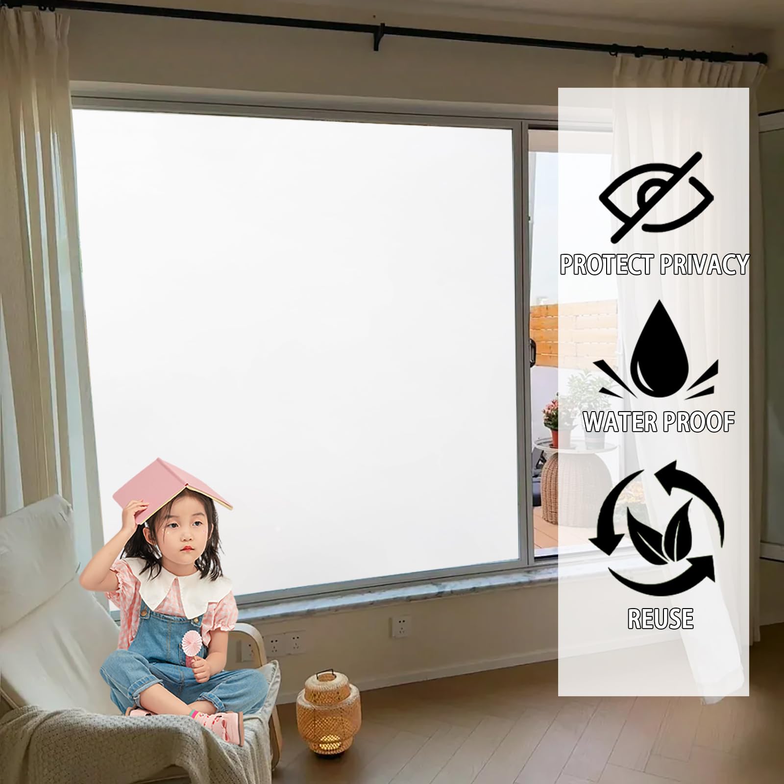 Window Privacy Film 75 x 140 cm Nieprzezroczysta, Matowa, Blokująca Promienie Uv, Zdejmowalna, Przylegająca Elektrostatycznie, Folia Prywatności Na Okna Szklane, biały mat