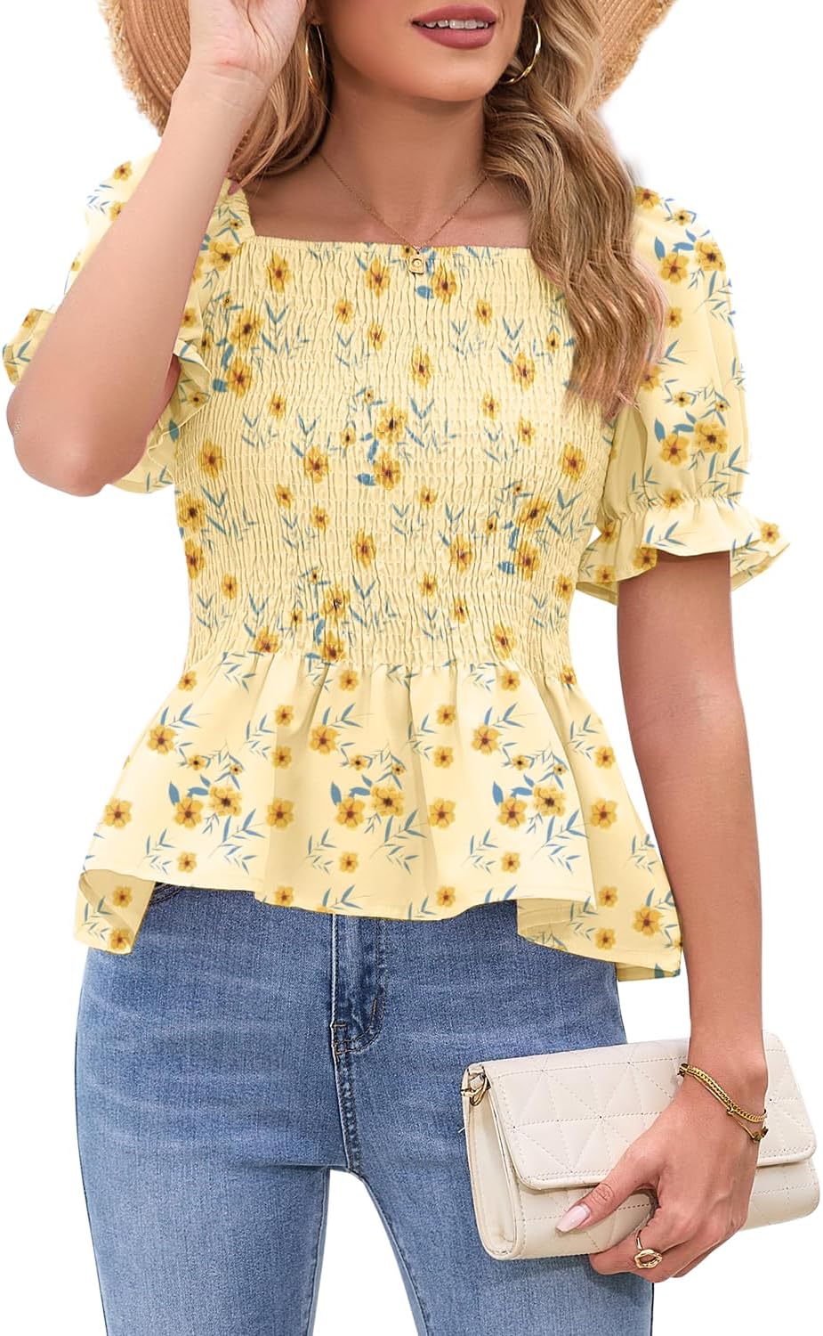 Womens Puff Short Sleeve Babydoll Tops Floral Summer Peplum Blouse Smocked Square Neck Loose Fit Ruffle Dressy Tee Shirts - Image 4