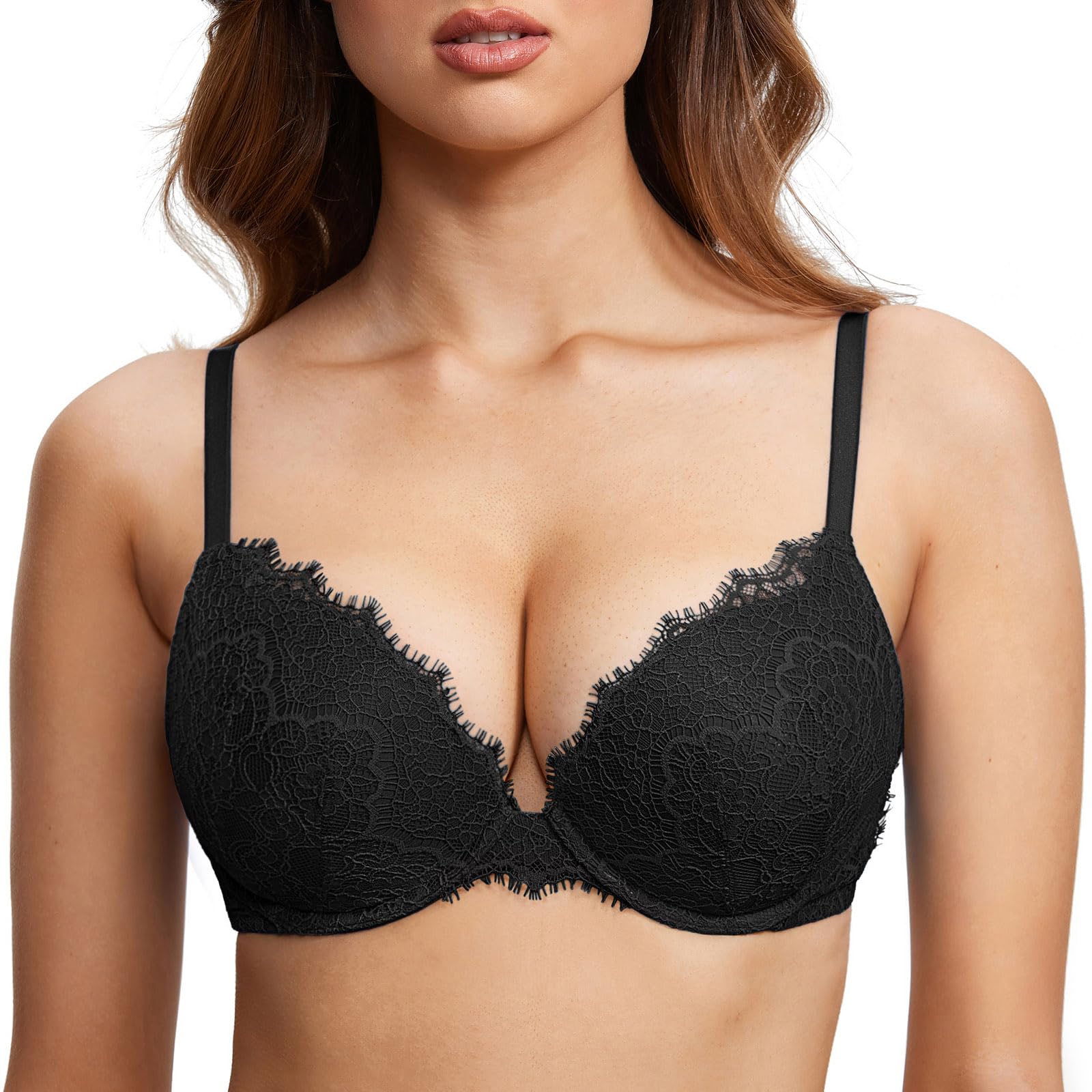 DOBREVA Women's Push Up Bra Eyelash Lace Sexy Cleavage Underwire Support Plunge Bras