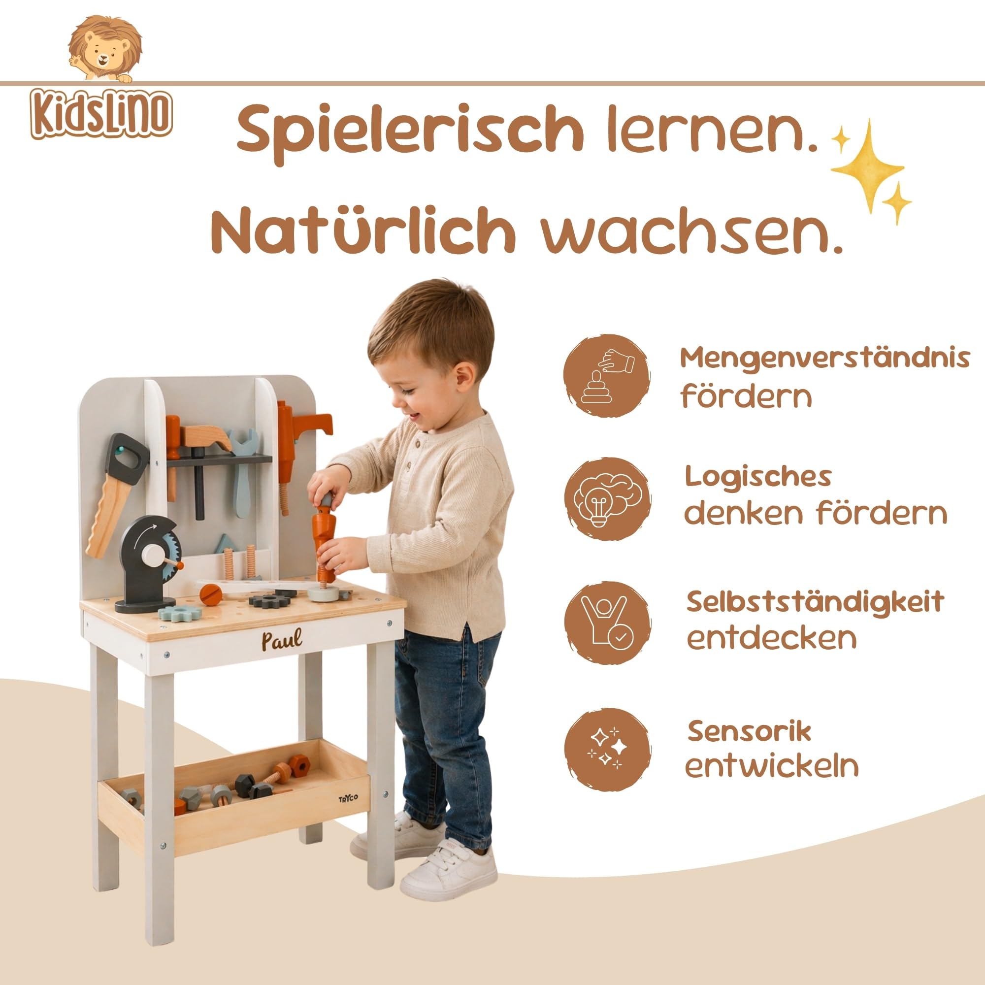 Kinderwerkbank aus Holz personalisiert – Werkbank mit Werkzeug-Set & Zubehör – Spielzeug ab 3 Jahre – Geschenk für Kinder