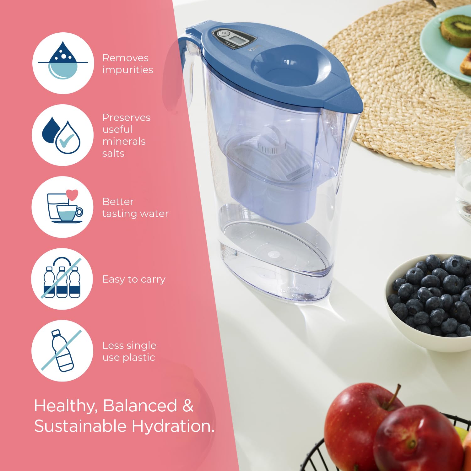 LAICA Stream Line Caraffa Filtrante - 2,3L - Blu - Timer Digitale - 6 Filtri bi-flux Inclusi, Preserva i Sali Minerali Utili all'Organismo e Riduce Cloro e Metalli Pesanti - Made in Italy