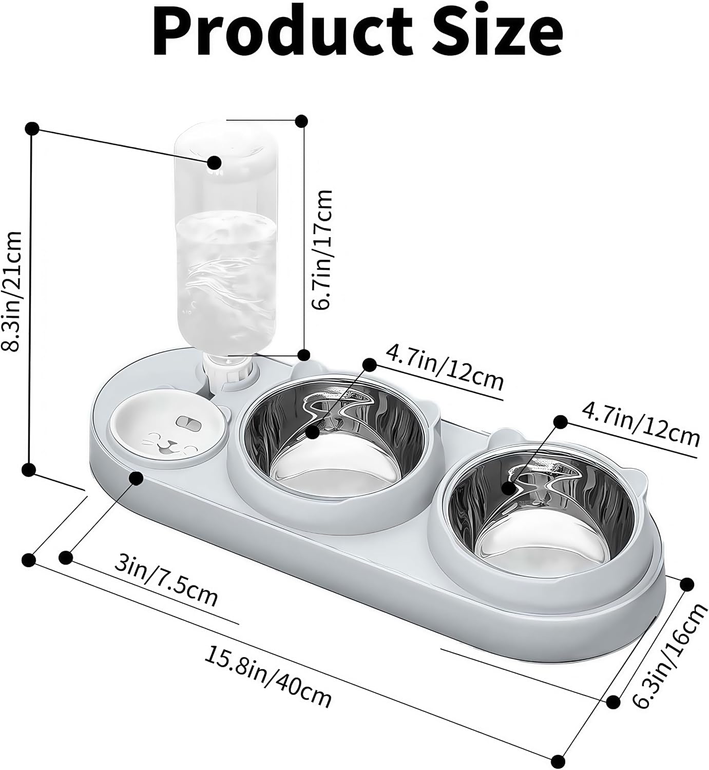 Marchul 3 in 1 Cat Bowl, Cat Food and Water Bowl Set with Water Dispenser and Stainless Steel Bowls, 15° Tilted Pet Raised Three Bowls for Indoor Cats, Small or Medium Sized Dogs,Gray