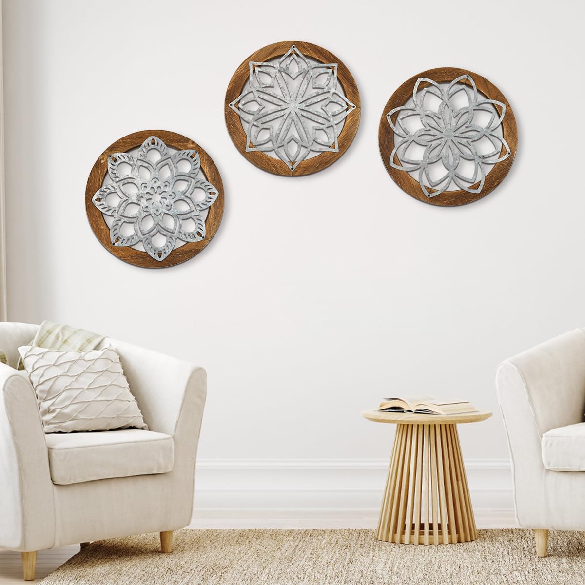 GOLRISEN Decoración para Pared de Dormitorio, 3 Adornos de Madera para Pared en Diseño de Flores Decoración de Madera para Pared de Salón Pasillo Comedor Terreza Cafetería, 30 x 30 x1,5 cm