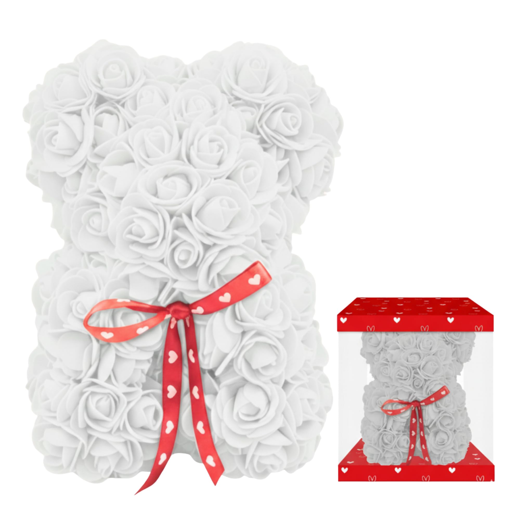 White Rose Bear Artificial Roses Gift Box, Red Heart Bow | Valentine’s Day, Birthday, Anniversary, Romantic Present, Valentines Gifts for Her, Valentines Day Gift Rose Bear for women, White Teddy Bear