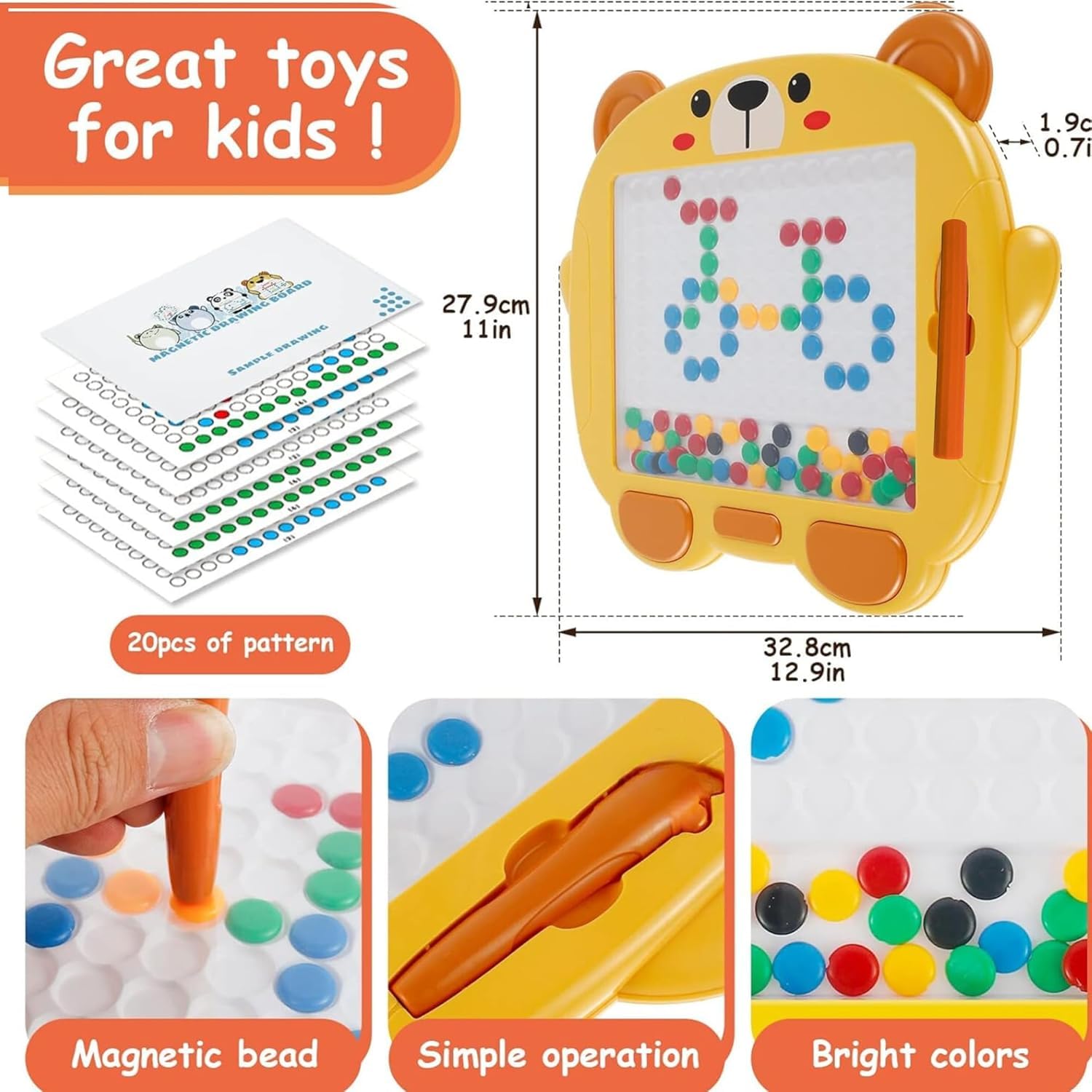 Kidoyz Magnetic Dot Drawing Board Toy for Kids β Montessori Learning Magpad with Stylus & 12 Double-Sided Activity Cards | Educational Magnetic Beads Toy (Color May Vary) (Bear Yellow) 3