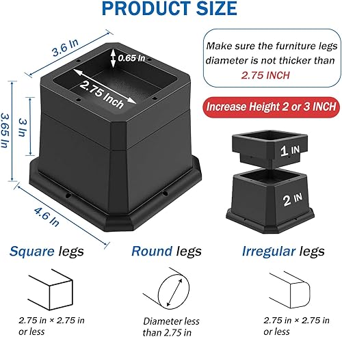 Miniatura 2 de ANNKUT Elevadores de cama de 3 pulgadas resistentes, elevadores de muebles para cama, escritorio, mesa, sofá, sofá, elevadores de cama cuadrados,