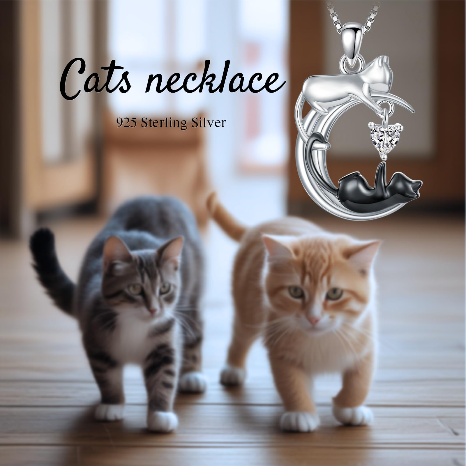 Collar con colgante de luna de gato blanco y negro de plata de ley