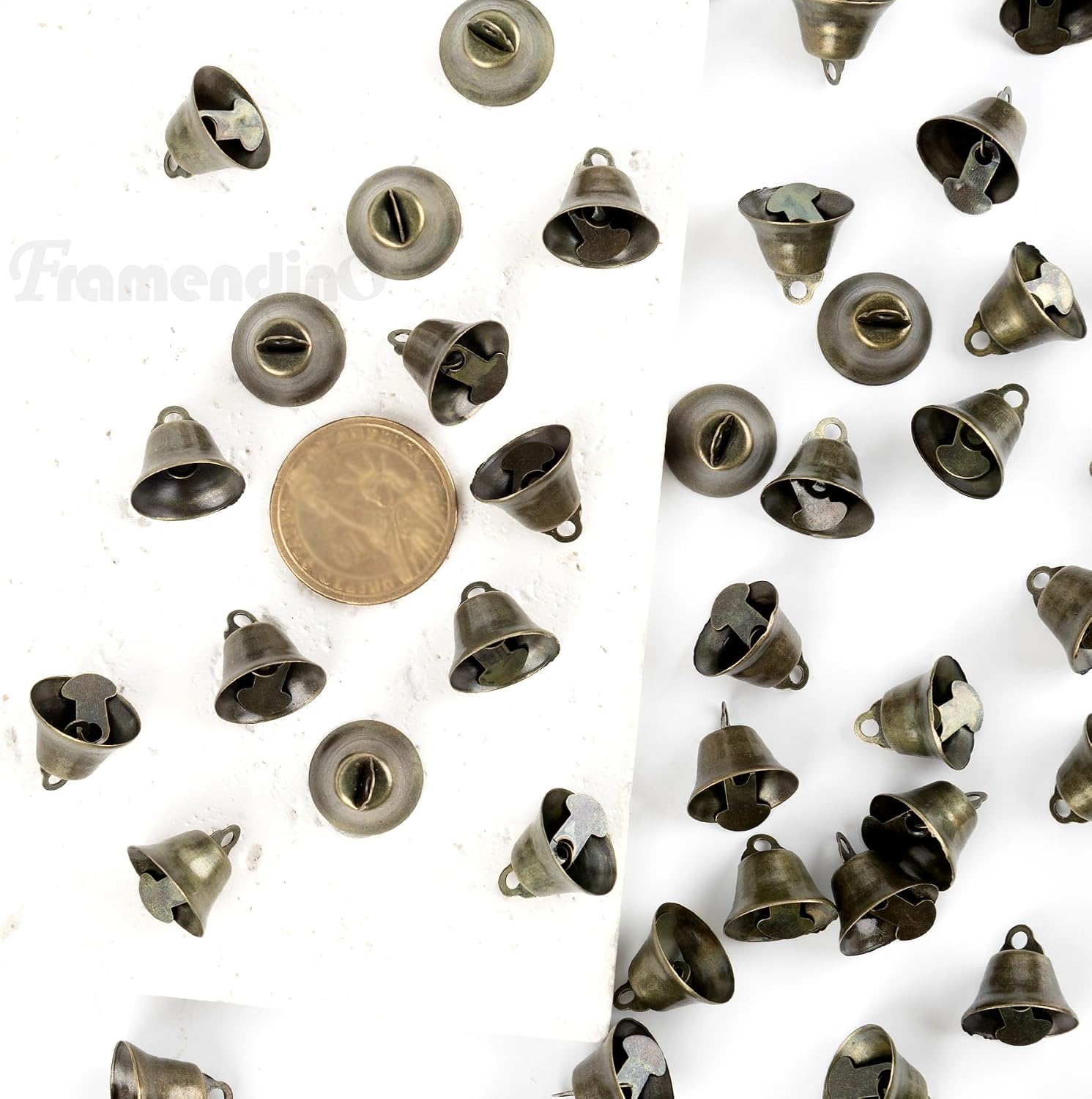 Framendino, 200 Pack Bronze Mini Jingle Bells Vintage Craft Decorative 16mm Small Liberty Bell Xmas Tree Ornaments for DIY Wind Chimes Wedding Party Decor