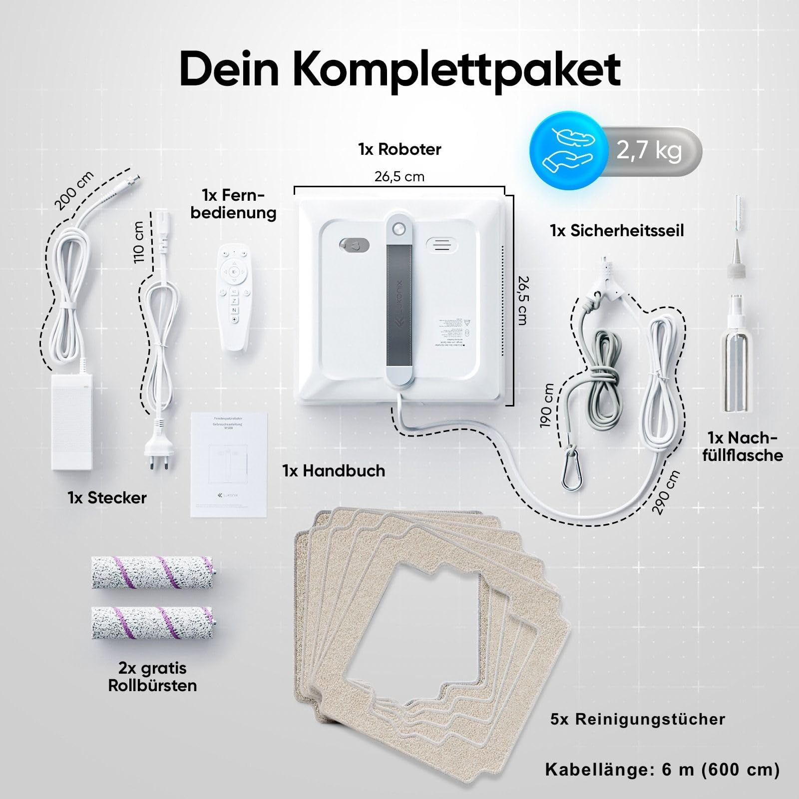 Fensterputzroboter [patentierte Rollbürsten] Fensterputzer elektrisch mit App-Steuerung [deutsch] Fensterroboter 3-Düsen Sprühfunktion & Anti-Fall-Sensoren | Winbot Roboclean Window Cleaning Robot