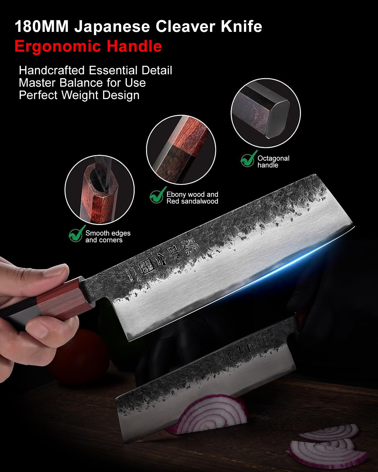 kanngou 21cm Coltello Giapponese Nakiri, Coltello Giapponese Professionale Forgiato a Mano con Acciaio Legato AUS-8, Coltelli da Cucina con Manico Ebony e Scatola Regalo Premium