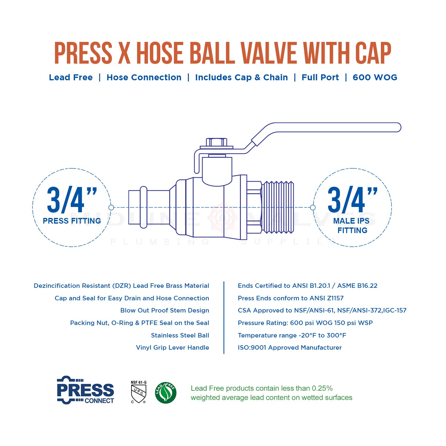 Midline Valve VBHR256 Robinet Extérieur à Boisseau Sphérique en Laiton avec Chaîne et Bouchon 1,9 cm Presse x MHT
