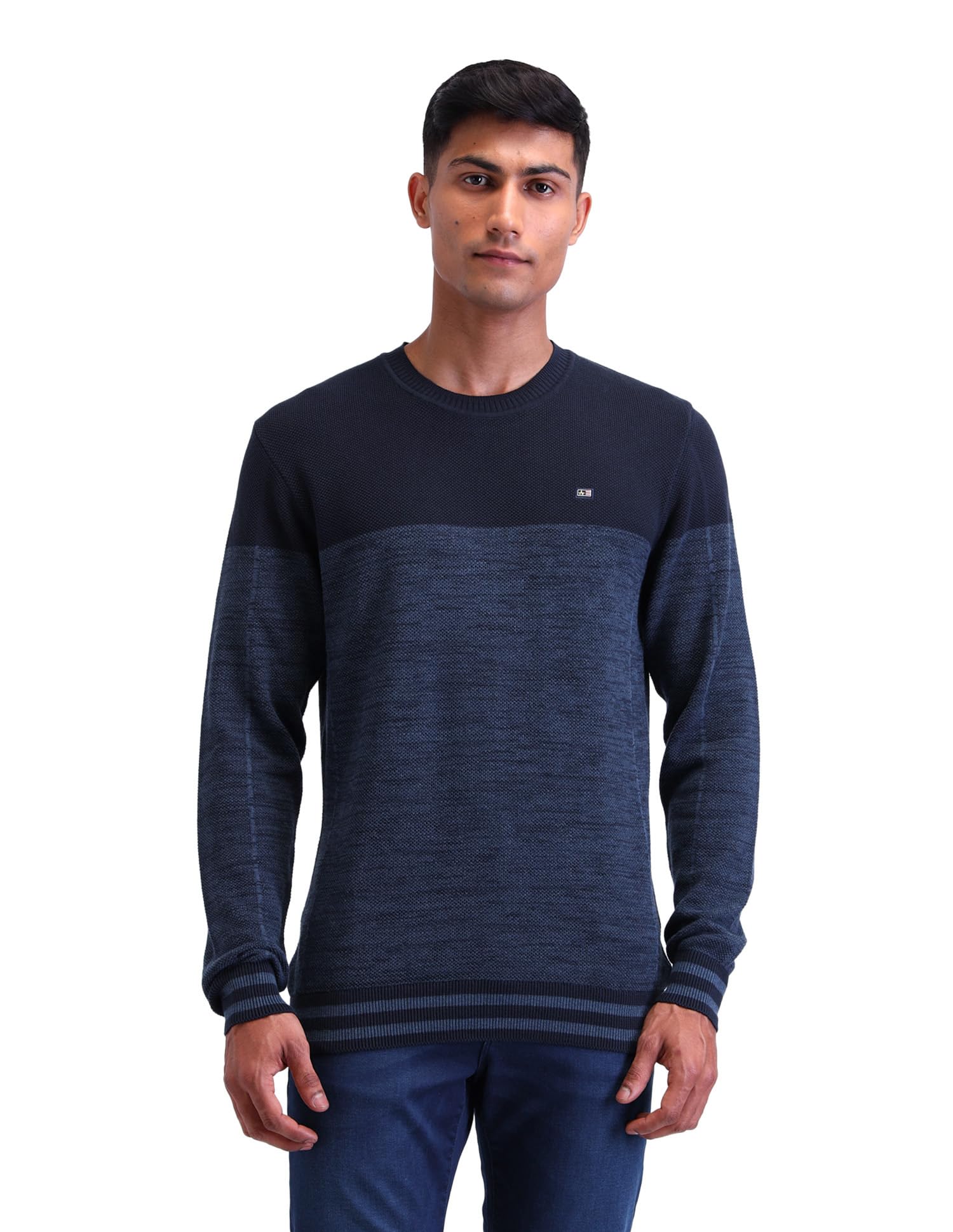 Mens Blue Heathered Crew Neck Long Sleeve Casual Cotton Regular Fit Sweater-image-20