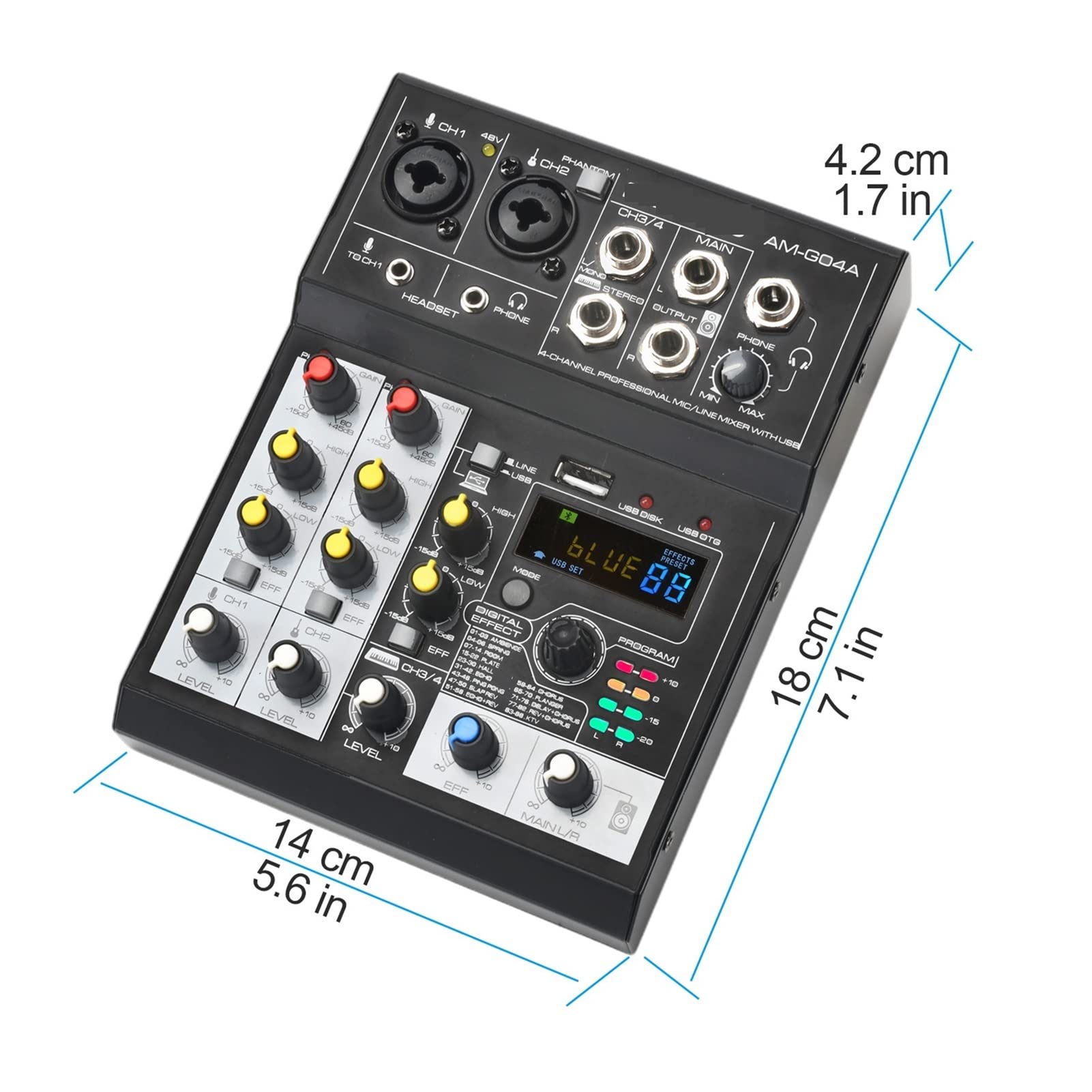 Kontroler miksera DJ Sound Audio Mixer 4 Channels 88 DSP Effects Mixing Console Smartphone Computer Bluetooth USB Record Play DJ AM-G04A do streamingu/podcastów/gier, telefonu, komputera(Wit)