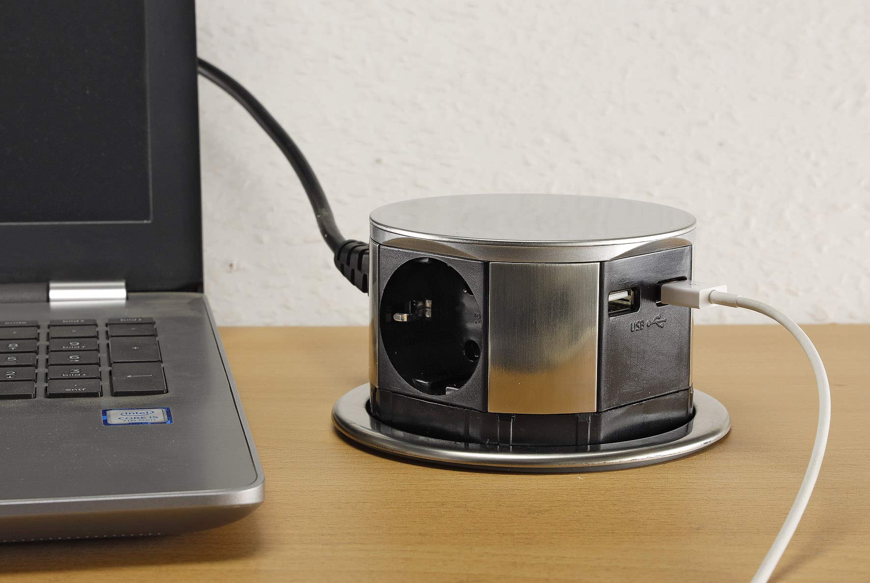 ChiliTec Wysuwane gniazdo wtykowe do zabudowy, 3 x USB-A, USB-C, ze stali nierdzewnej, z kablem 150 cm, 230 V, do kuchni, na biurko, blat roboczy