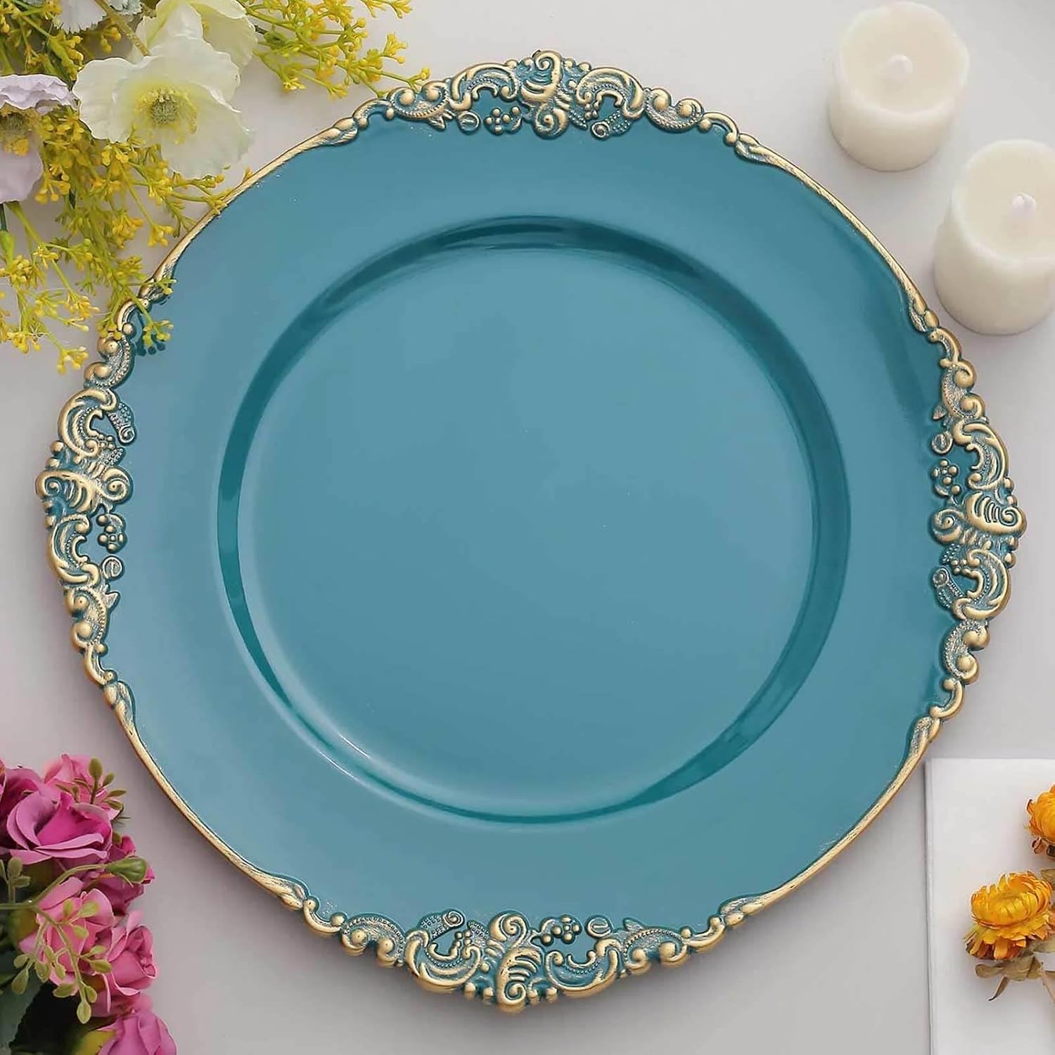 13-inch Teal Baroque Acrylic Charger Plates (12-pack)