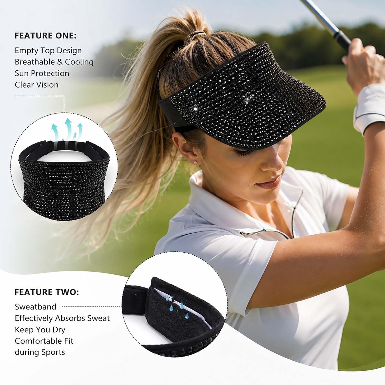 Bling Shiny Rhinestone Sports Sun Visor Hat for Women Summer Adjustable Breathable Beach Visor Caps Running Golf Sun Hat