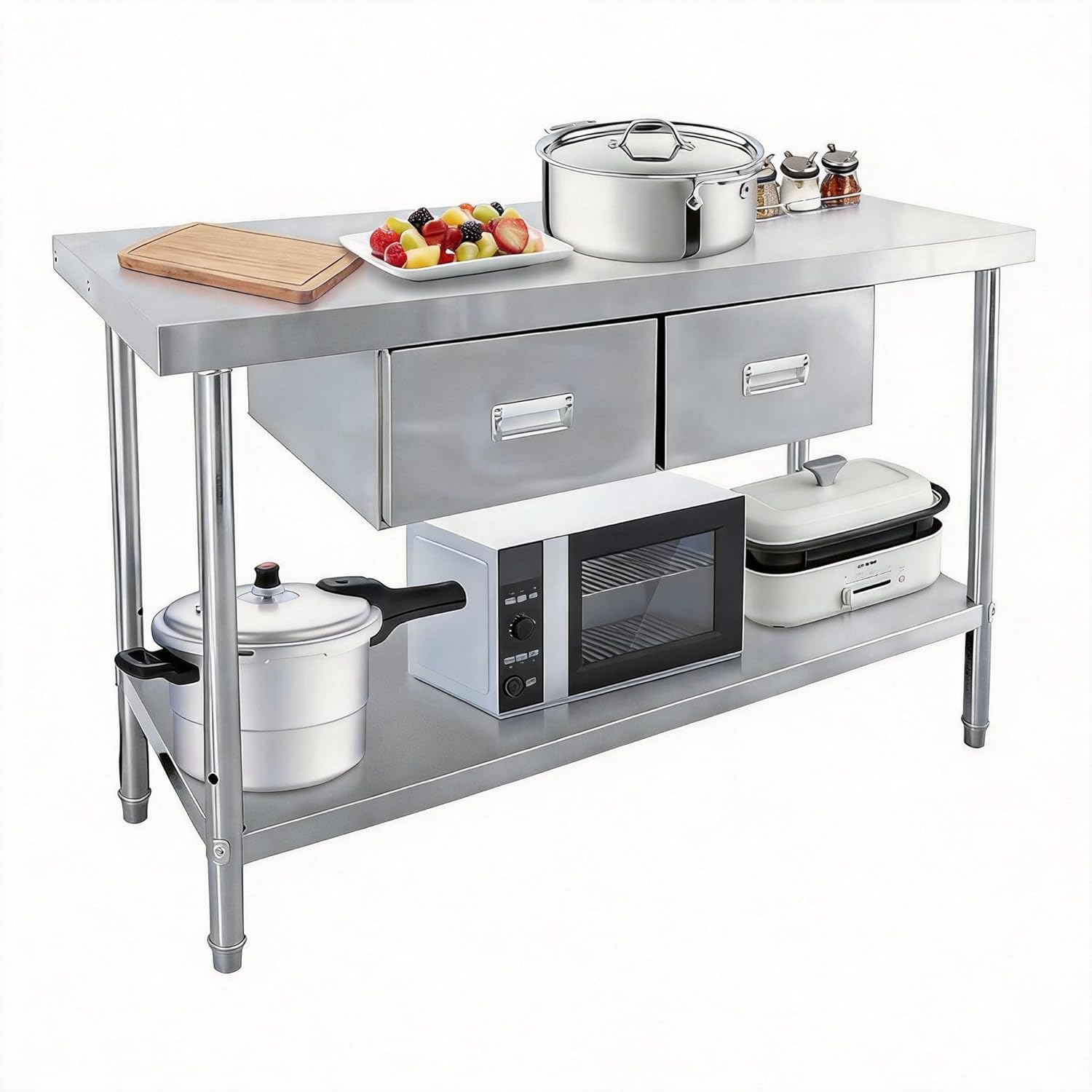 Garvee Stainless Steel Table with Shelves and Drawers, 48" X 24" Commercial Work Tables with 2-Tier Overshelves, Metal Kitchen Prep Table for Home Restaurant Garage, Commercial Workbench