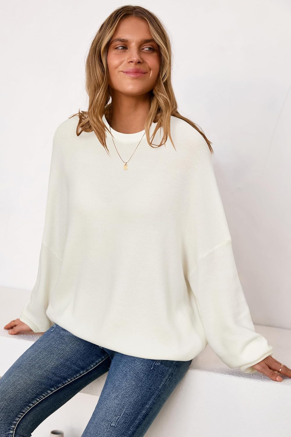 Arach&Cloz Women's Wool Blend Oversized Sweaters Crewneck Casual Outfits Fashion Spring Tops - Image 4