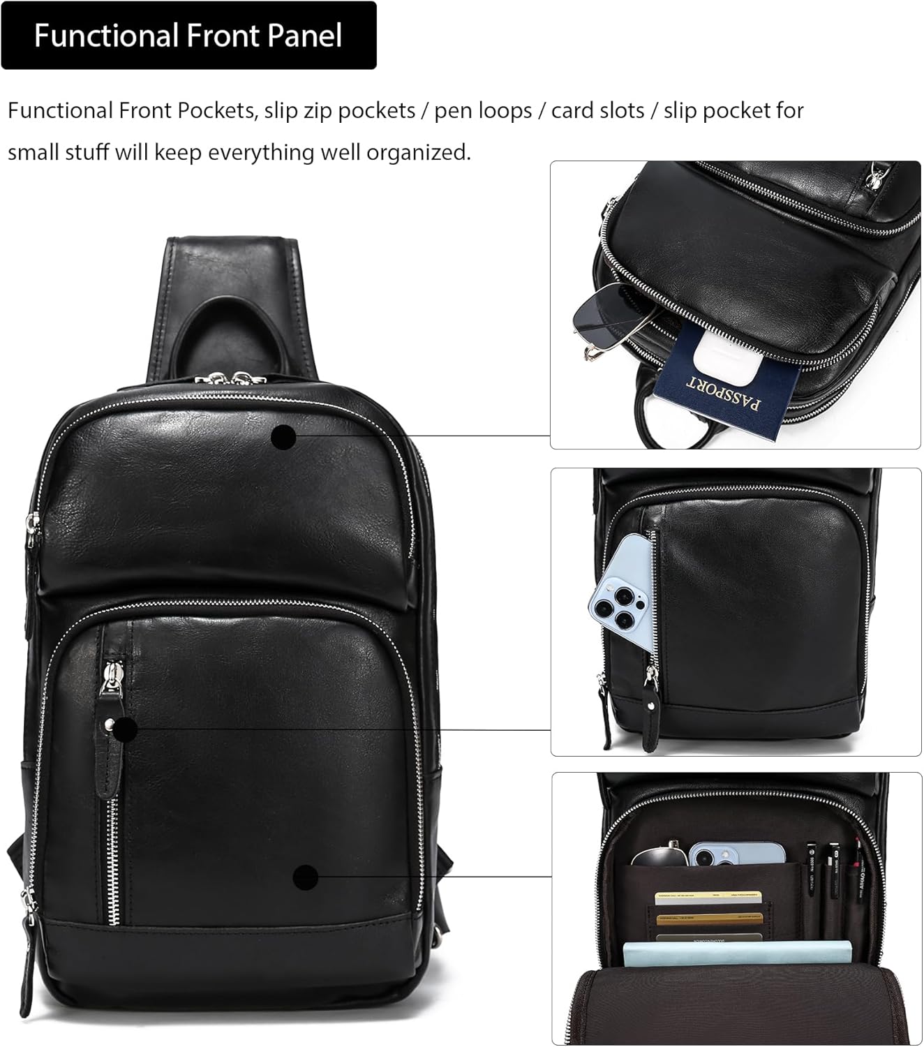 LANNSYNE Full Grain Leather Sling Bag For Men, Crossbody Bag fits 12.9" iPad Crossbody Chest Daypack - Image 4