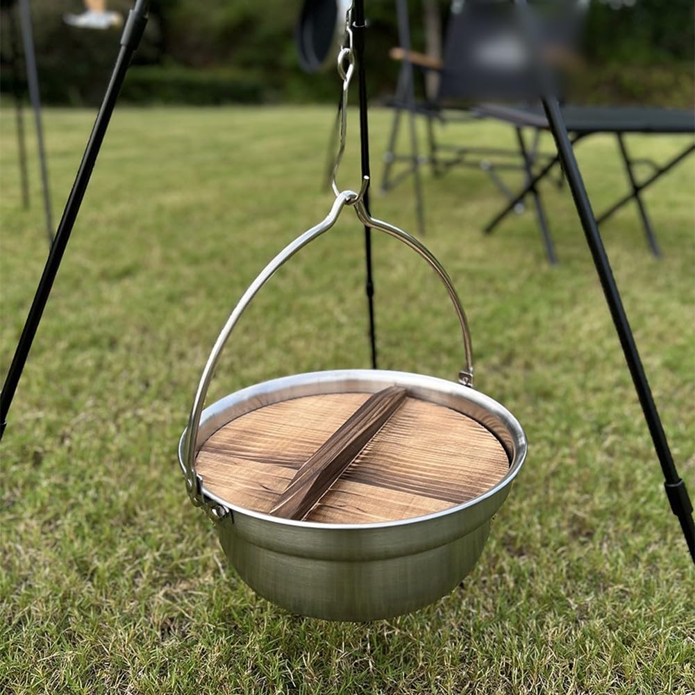 Pentole da campeggio all'aperto a 3 strati in acciaio inox con coperchio in legno di cedro per fornello a induzione da picnic falò