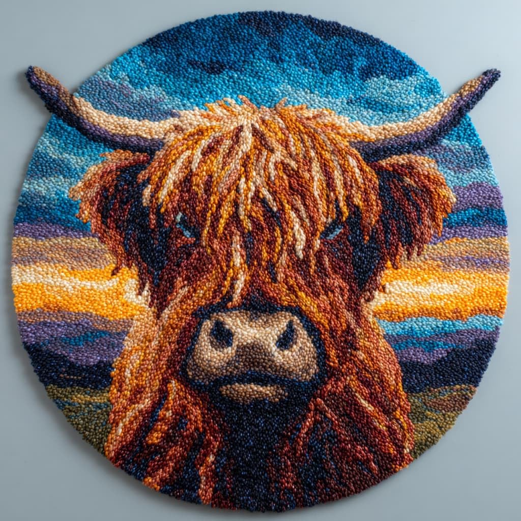 WallustrioaW Round Latch Hook Rug Kits, Highland Cattle 50X50Cm Home Carpet Rug Making Canvas Kits, DIY Crochet Kit Needlework Crafts, Latch Hook Kit for Beginners Adults