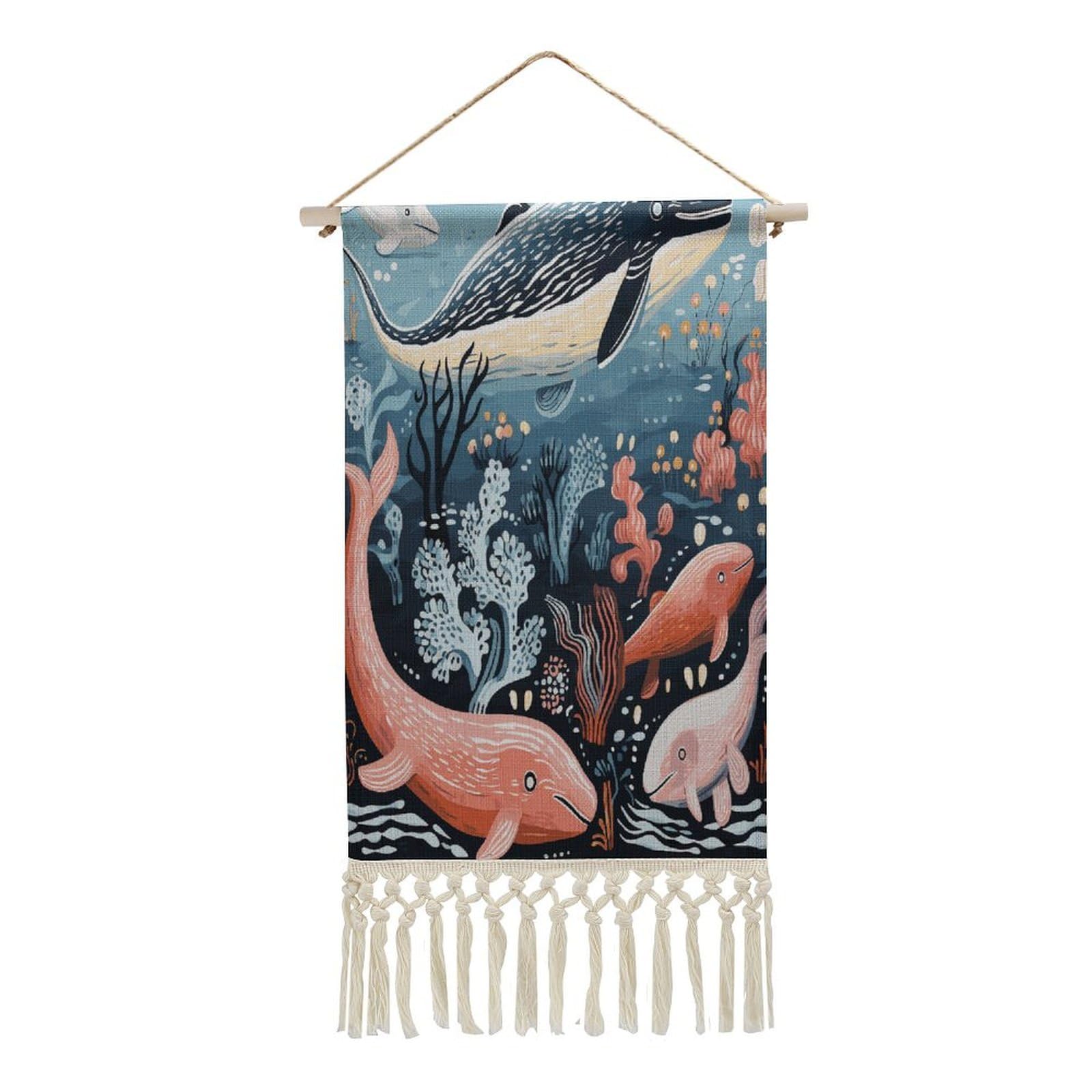 Adfgyerh Style Seal Whale Octopus Fish Tapestry With Tassels Cotton And Linen Hanging Posters, Wall Art For Travel Gift, Wall Tapestry For Office Home Decor Bedroom Living Room Decor