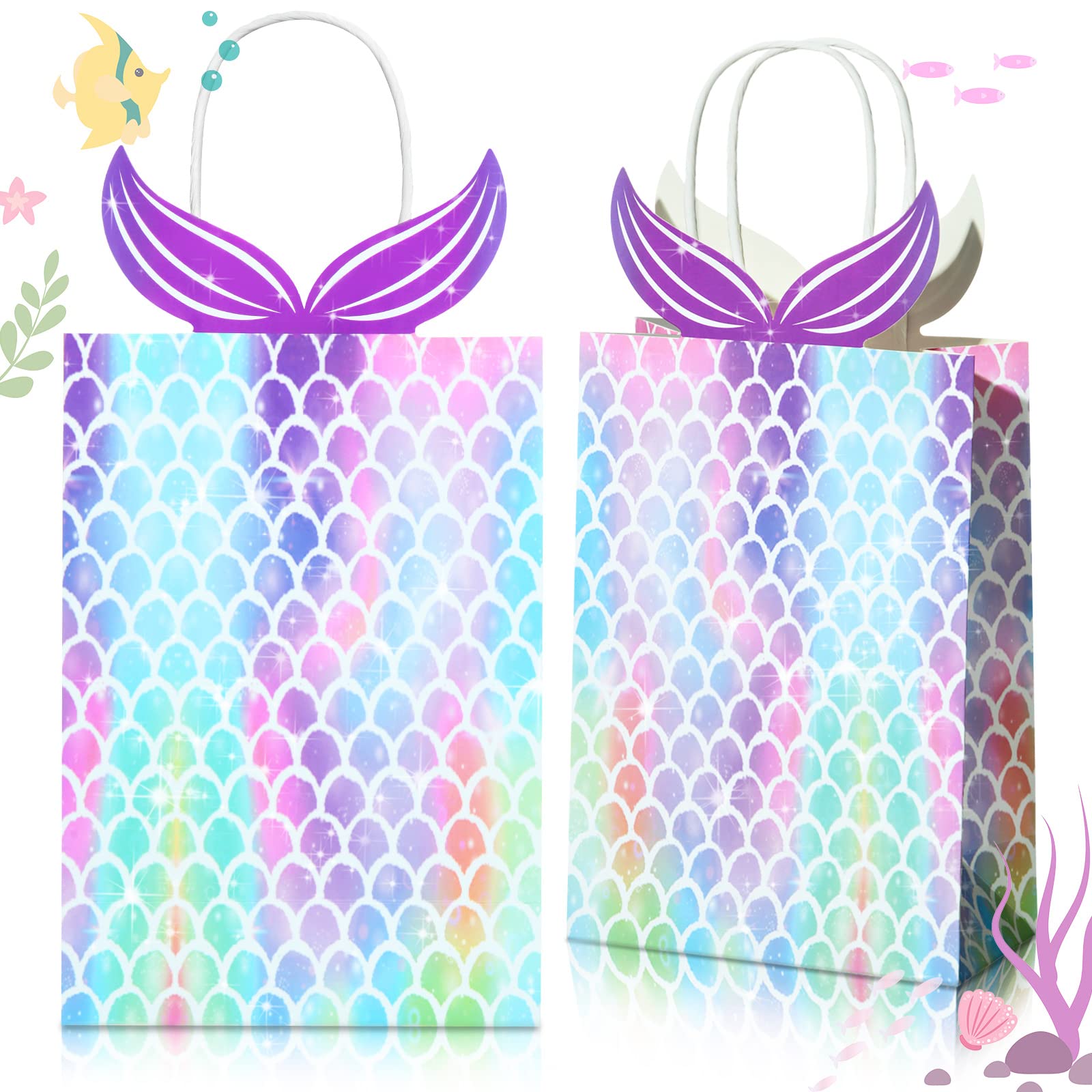 Chinco 10 Pieces Mermaid Gift Bags Party Favors Goodie Candy Treat Bags with Handle Mermaid Party Supplies for Girls Birthday Baby Shower Little Decorations
