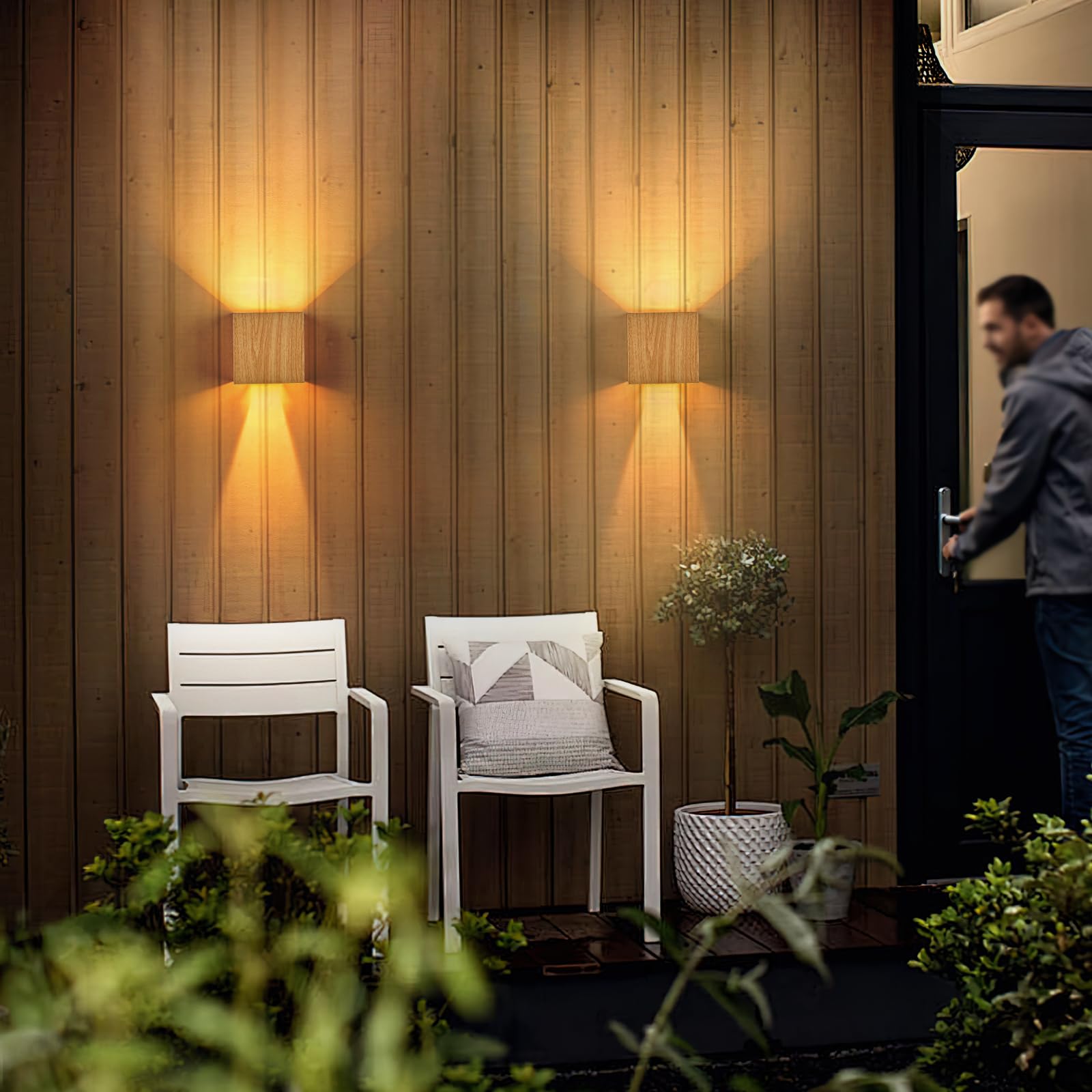Applique Murale LED Extérieure Intérieur 6W Bois, Éclairage Mural LED Imperméable IP65 Blanc Chaud 3000K, Lampe Murale Moderne Up Down Luminaire pour Escalier Entrée Terrasse Dangle, 2PCS