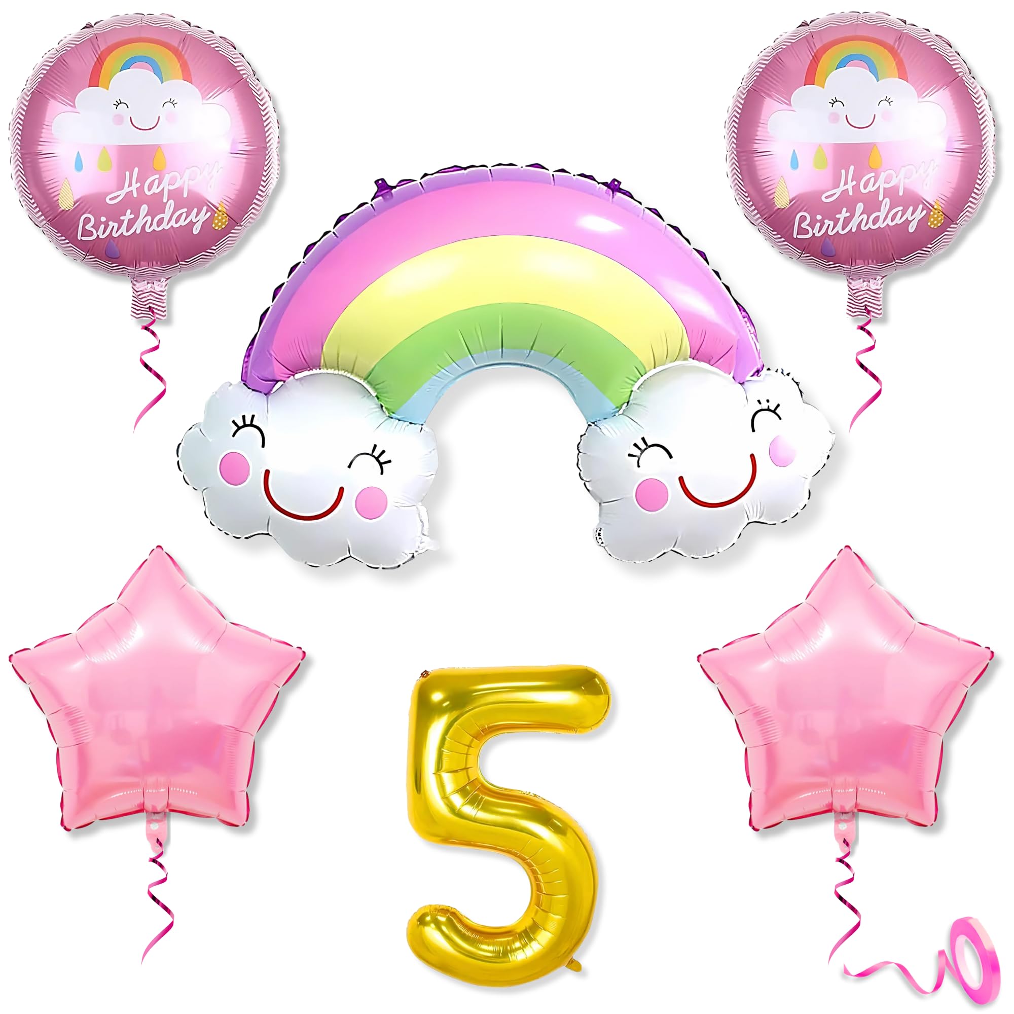 5th Rainbow Balloons for Birthday Decoration Kit Multicolour 5 year Baby Boys Girls Kids 5 Pcs Rainbow Theme Foil Balloons Decoration Set Items 2 Pcs Pink Star-image-37