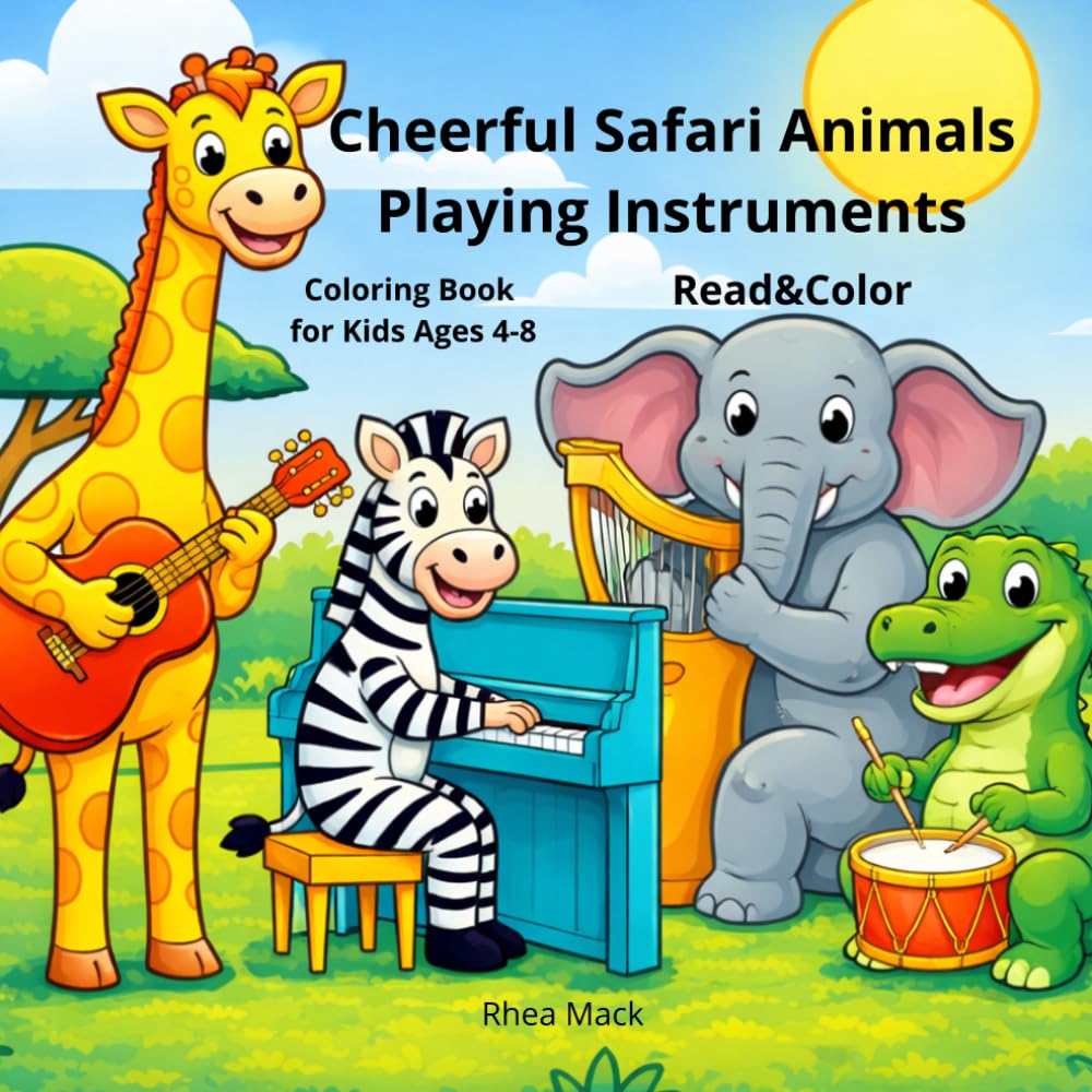 Cheerful Safari Animals Playing Instruments: Coloring Book for Kids Ages 4–8: Creative fun with lions, elephants and monkeys - develop imagination, concentration and love of music!