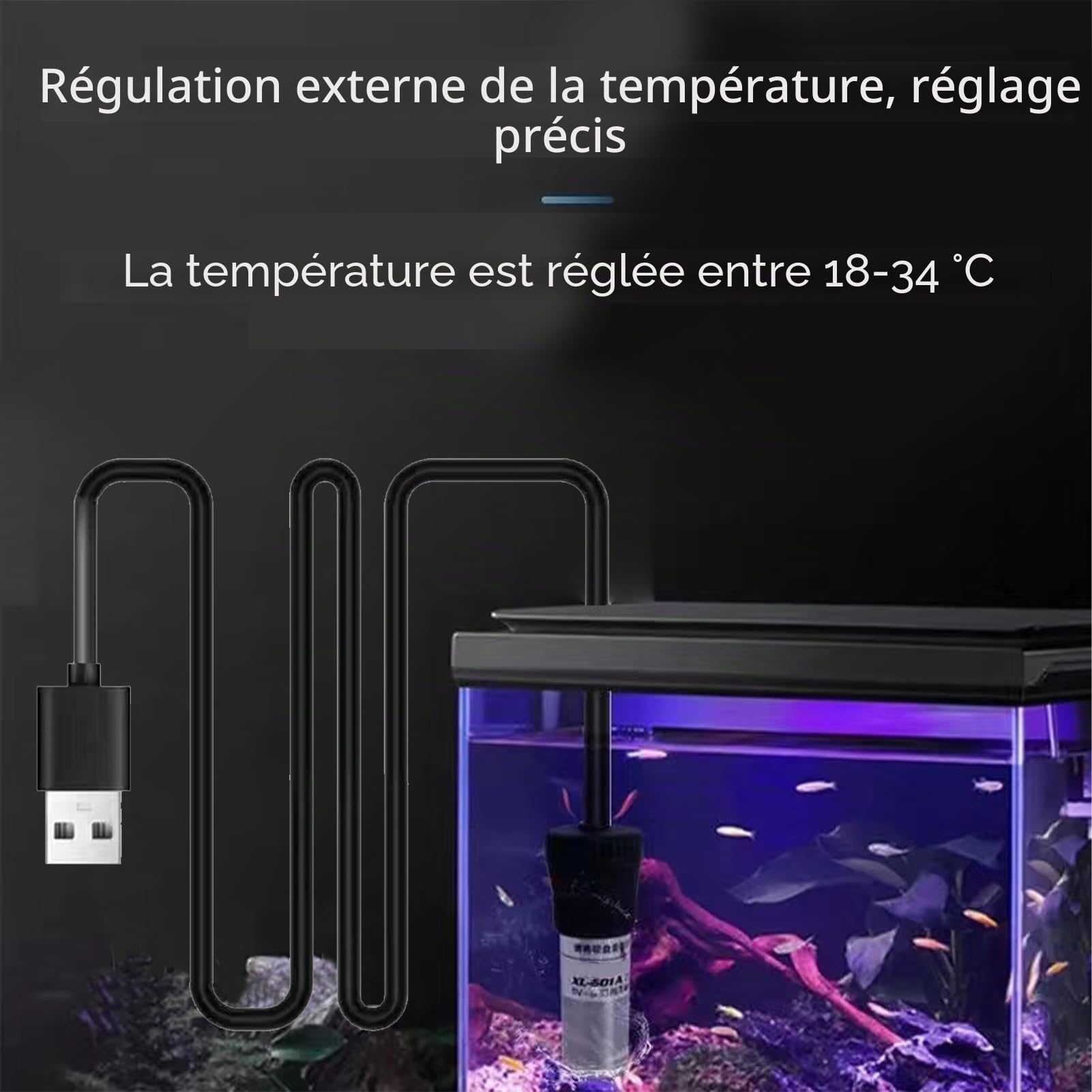 Bâton chauffant d'aquarium USB 5 W, chauffage d'aquarium avec design de sécurité robuste, contrôle automatique de la température, chauffage d'aquarium, conçu pour les petits aquariums d'eau salée et