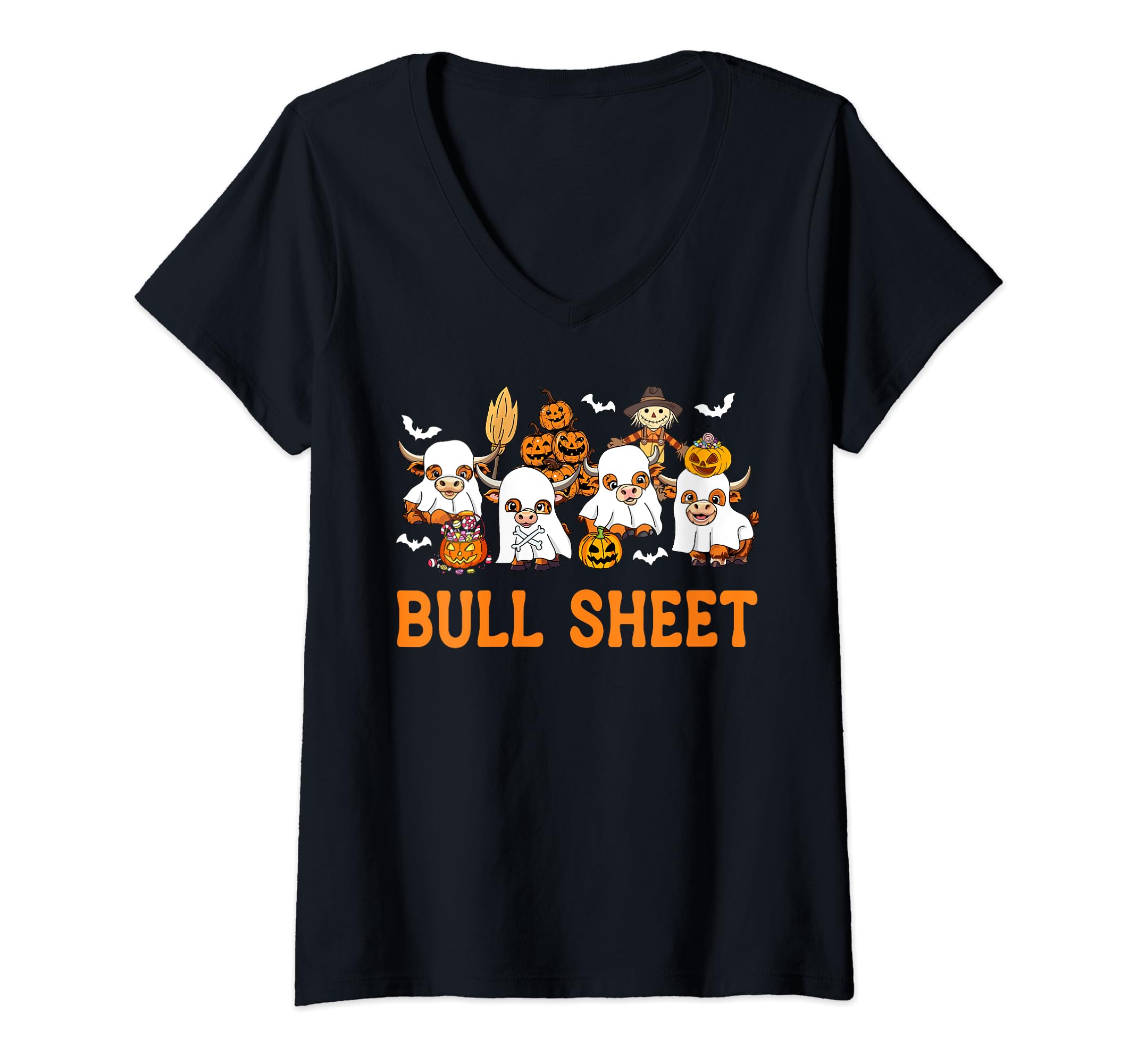 Womens Bull Sheet Ghost Highland Cow Spooky Season Halloween V-Neck T-Shirt