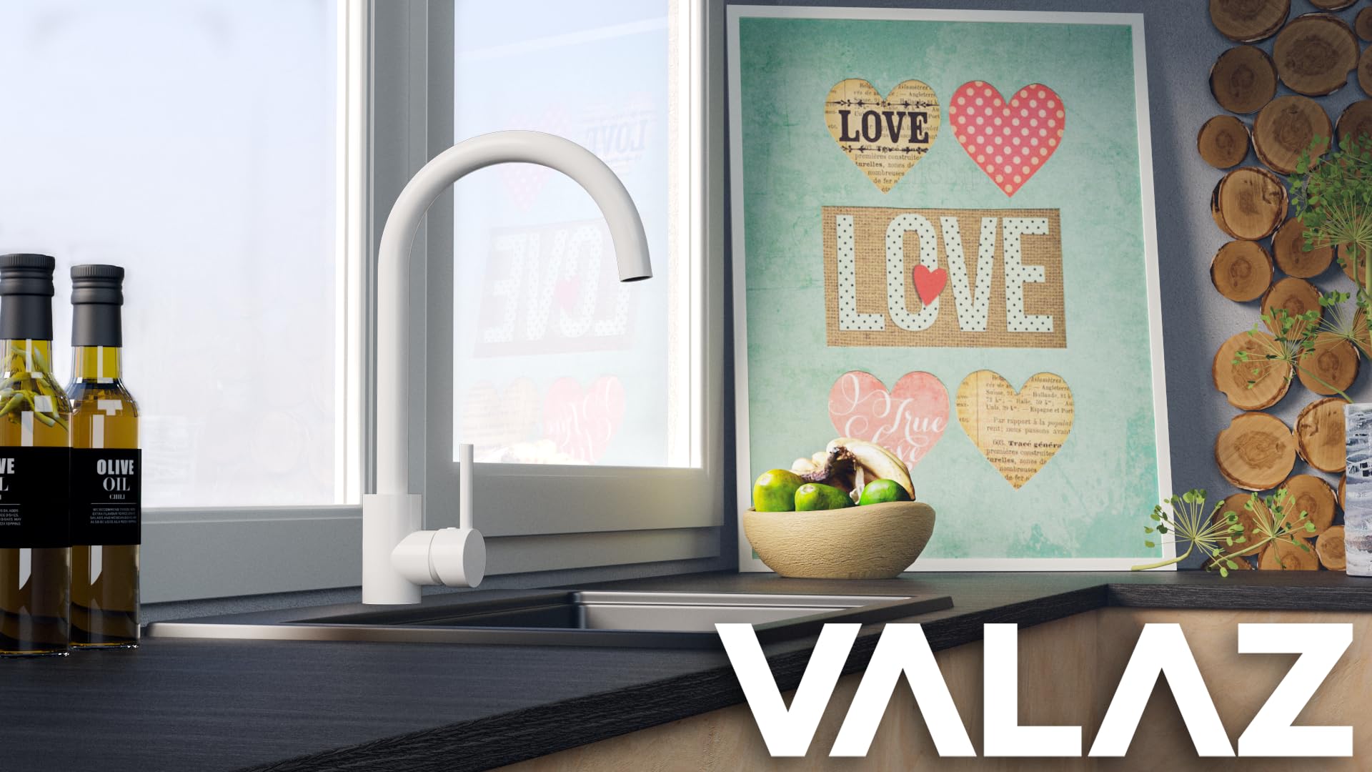 VALAZ Robinet Cuisine Evier | Robinet Mitigeur 360° Swivel, Haute Pression, Economie d'Eau | Installation Facile et Rapide | Laiton, Acier Inoxydable, Blanc Protection PVD, Série Misisipi